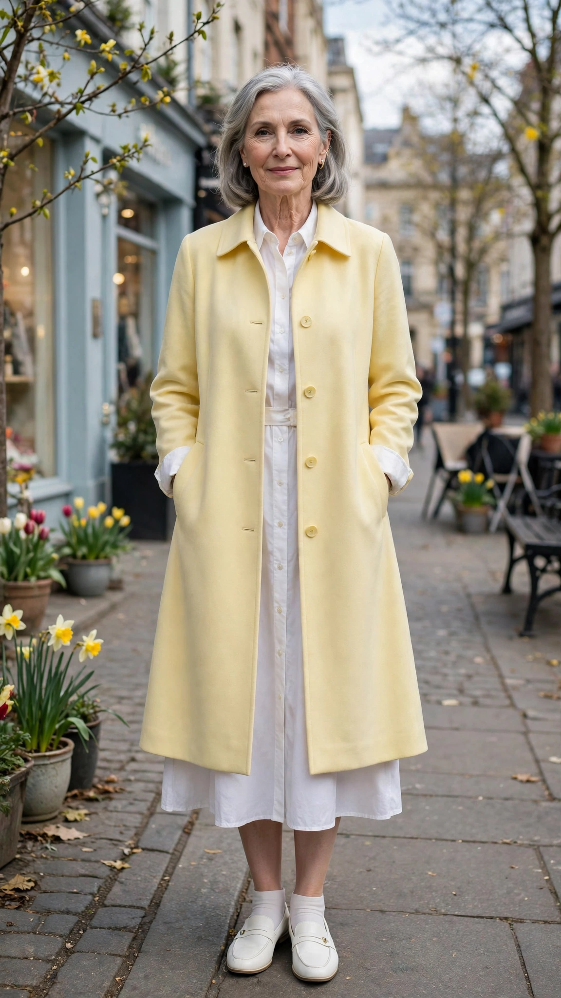 Pale yellow A-line coat with a white shirt dress