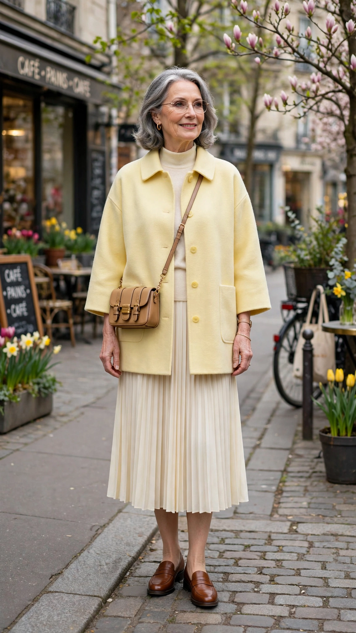 Pale yellow boxy coat with a cream pleated skirt