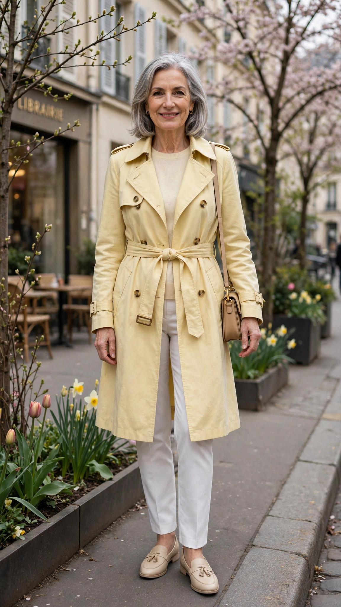 Pale yellow trench-style coat with white trousers
