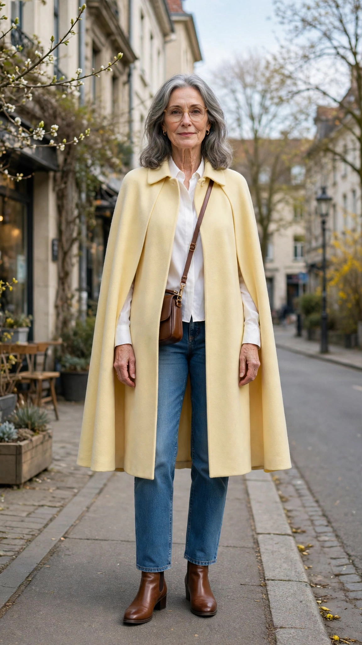 Pale yellow cape coat with a white blouse and jeans