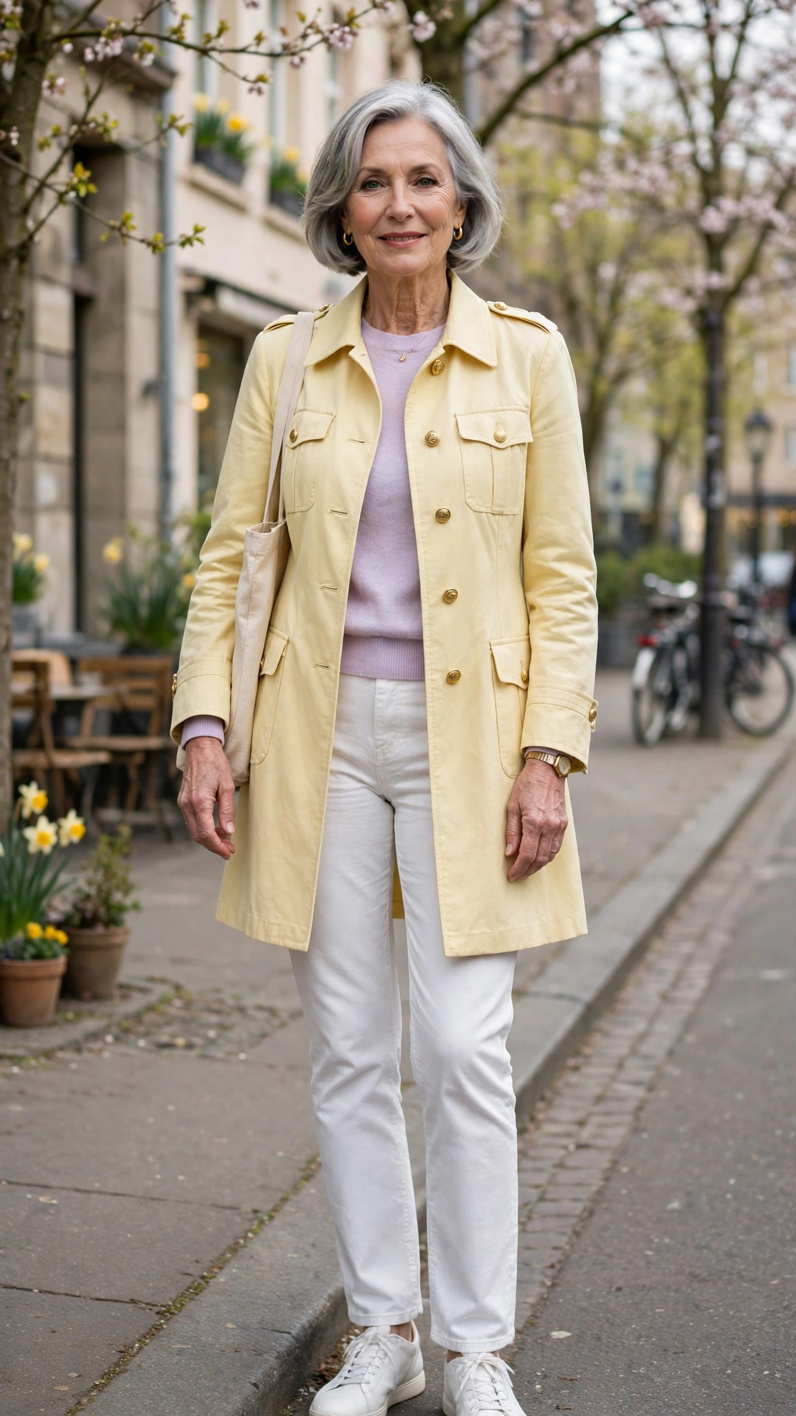 Pale yellow military-style coat with a pastel sweater and white jeans