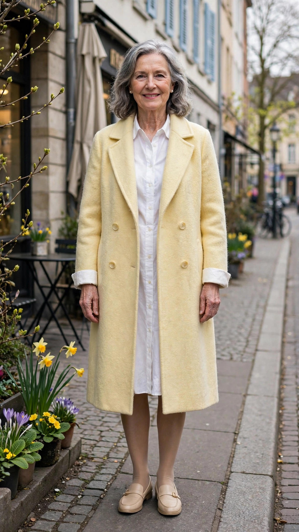 Pale yellow soft wool coat with a white shirt dress