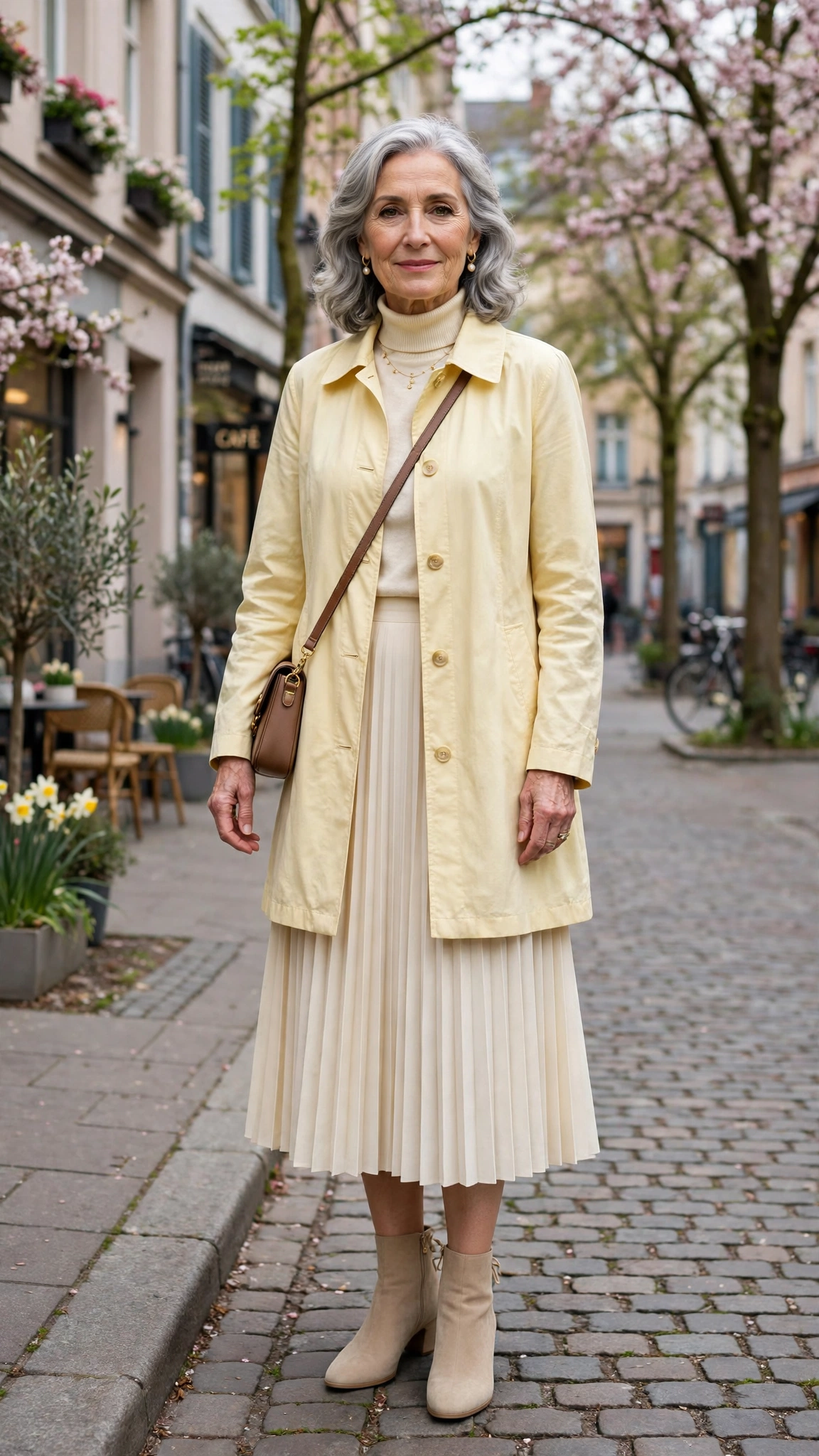 Pale yellow lightweight spring coat with a cream pleated skirt