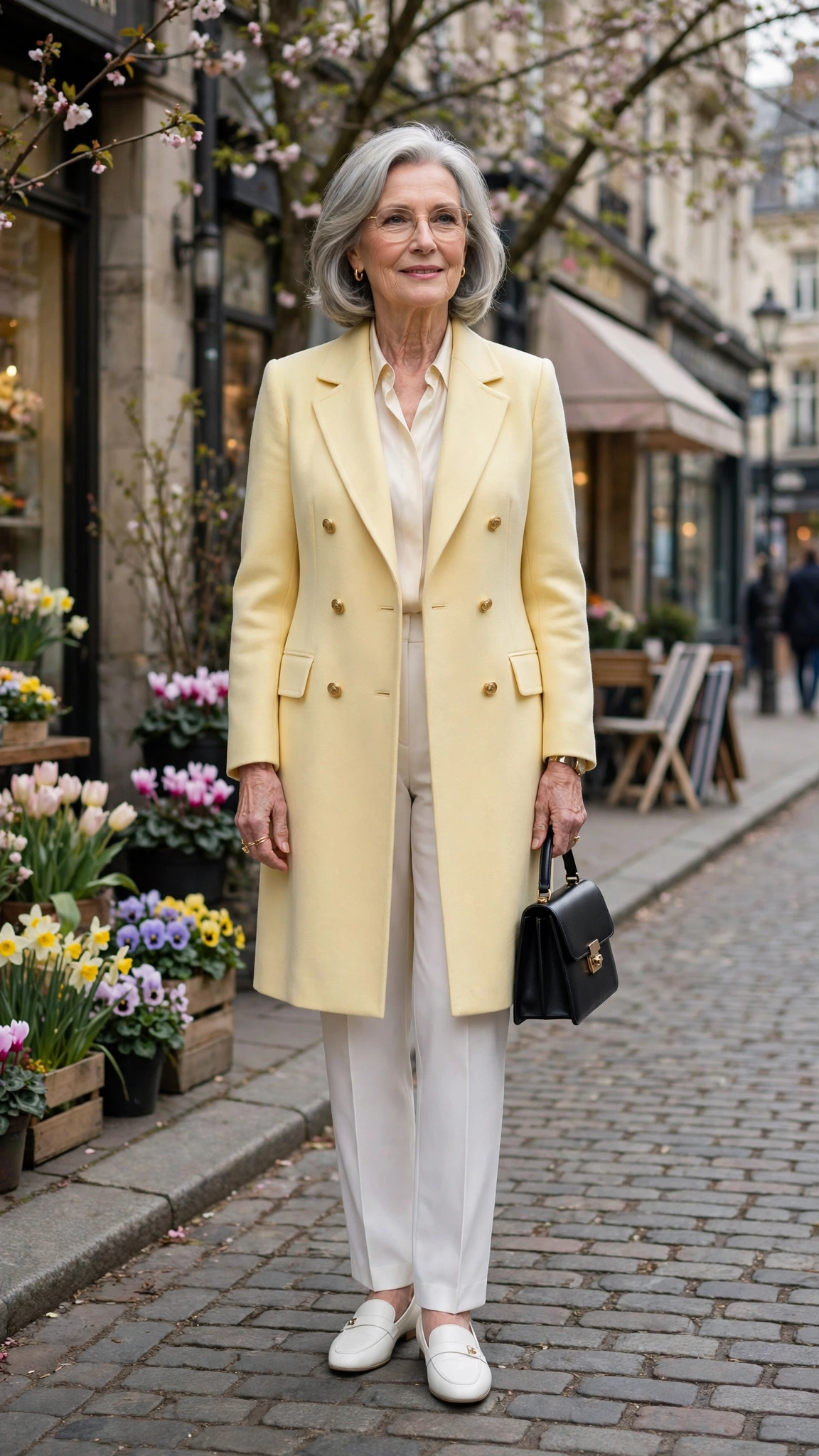 Pale yellow classic tailored coat with white trousers
