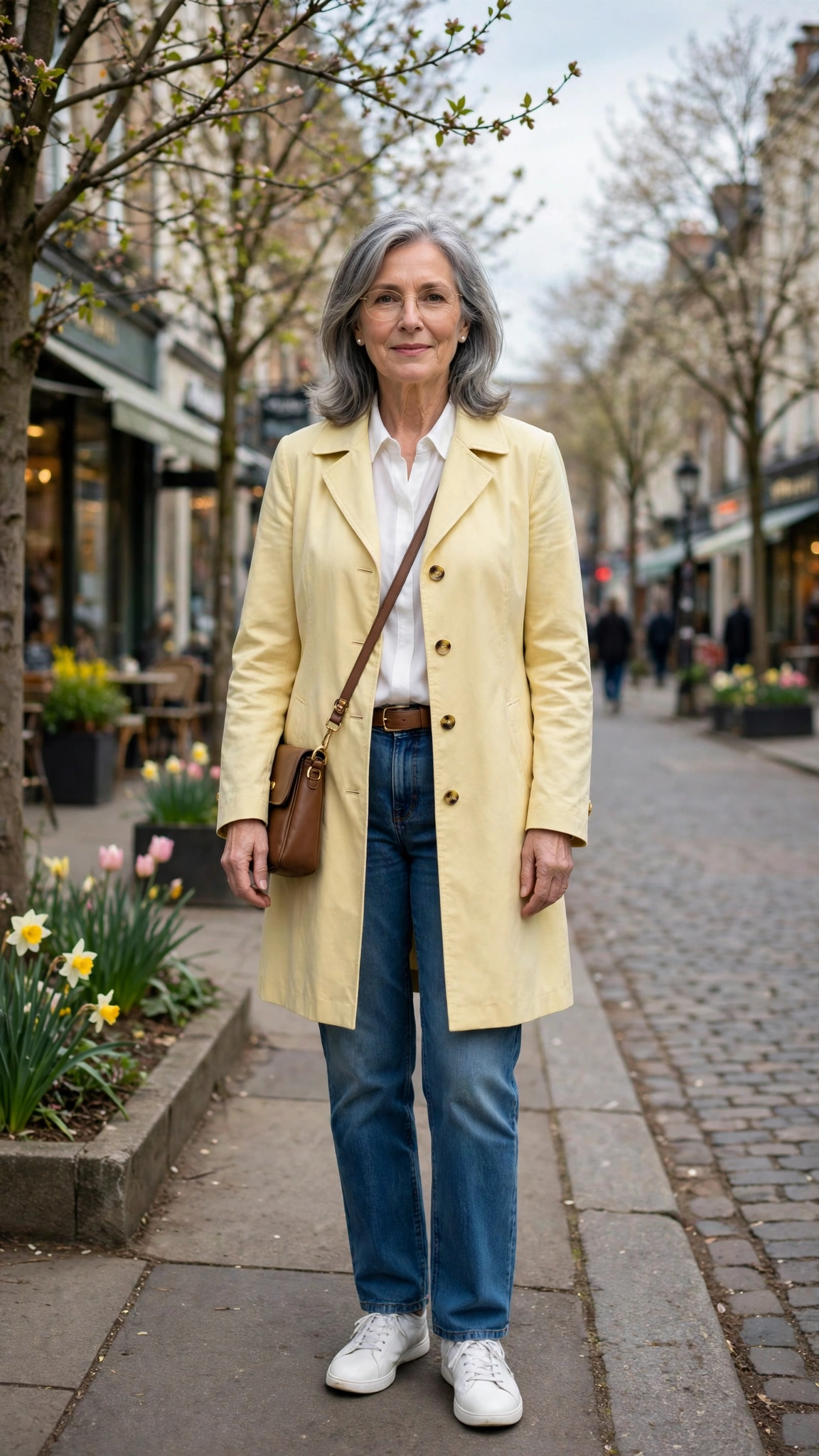 Pale yellow single-breasted coat with a white blouse and jeans