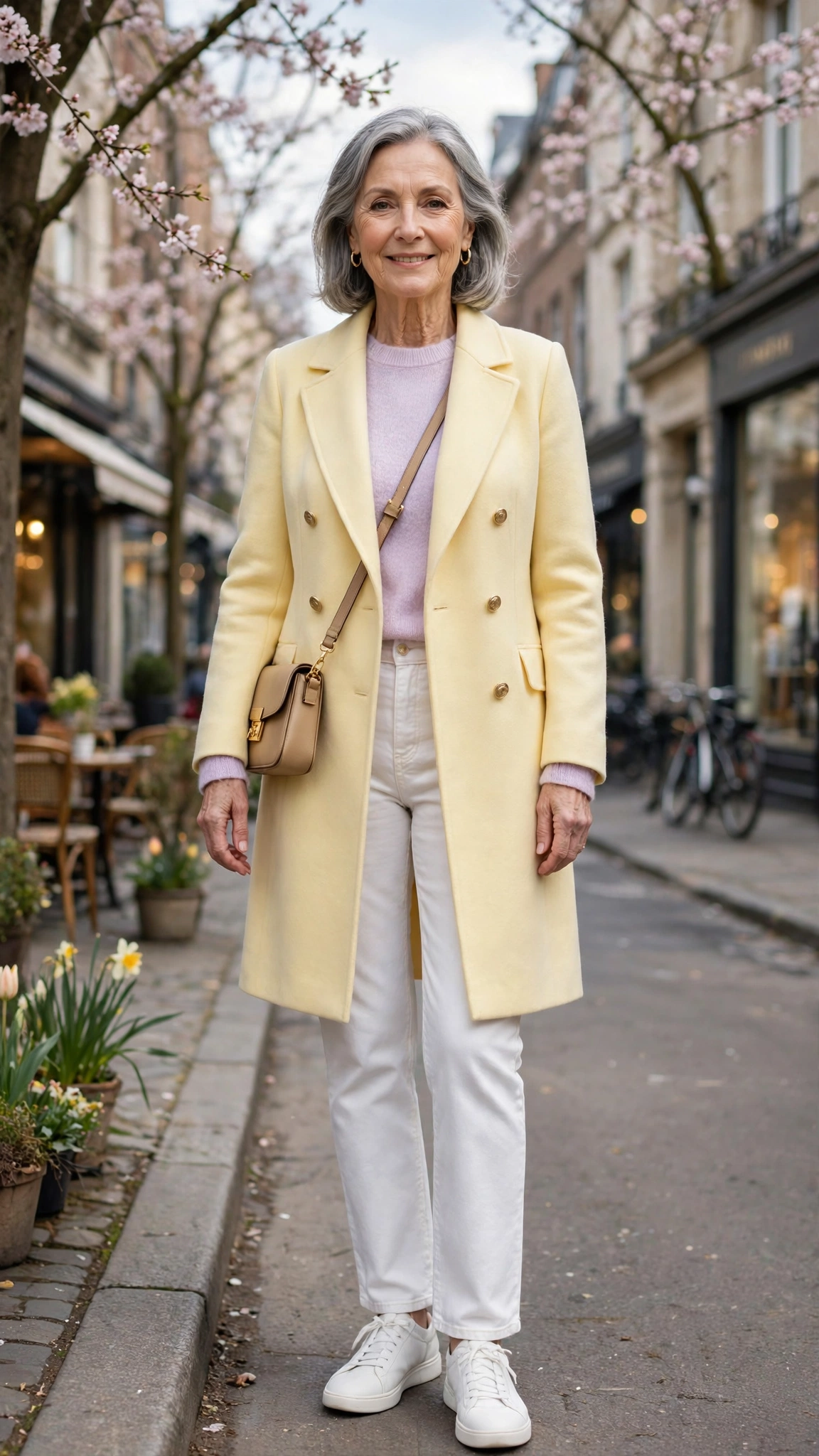 Pale yellow double-breasted coat with a pastel sweater and white jeans