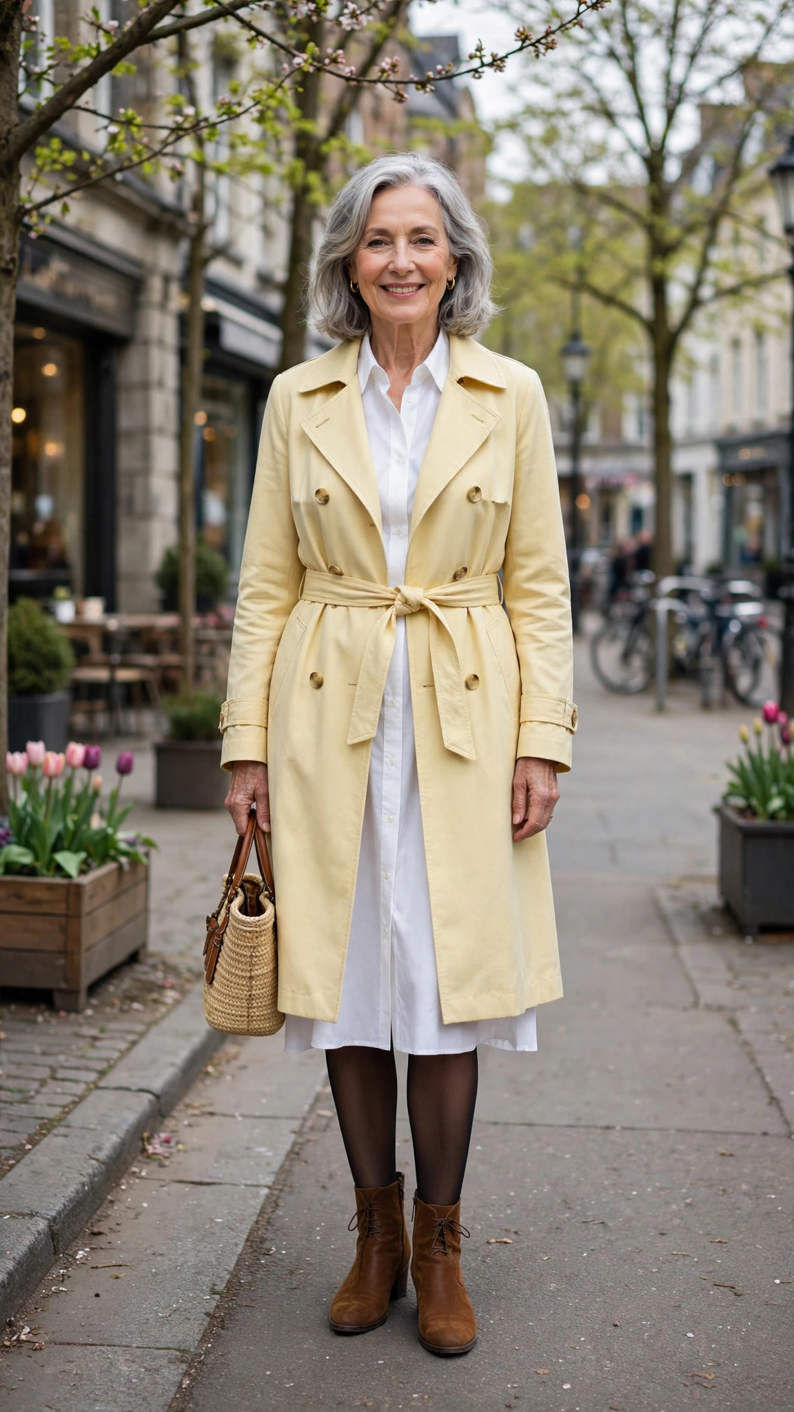 Pale yellow belted coat with a white shirt dress