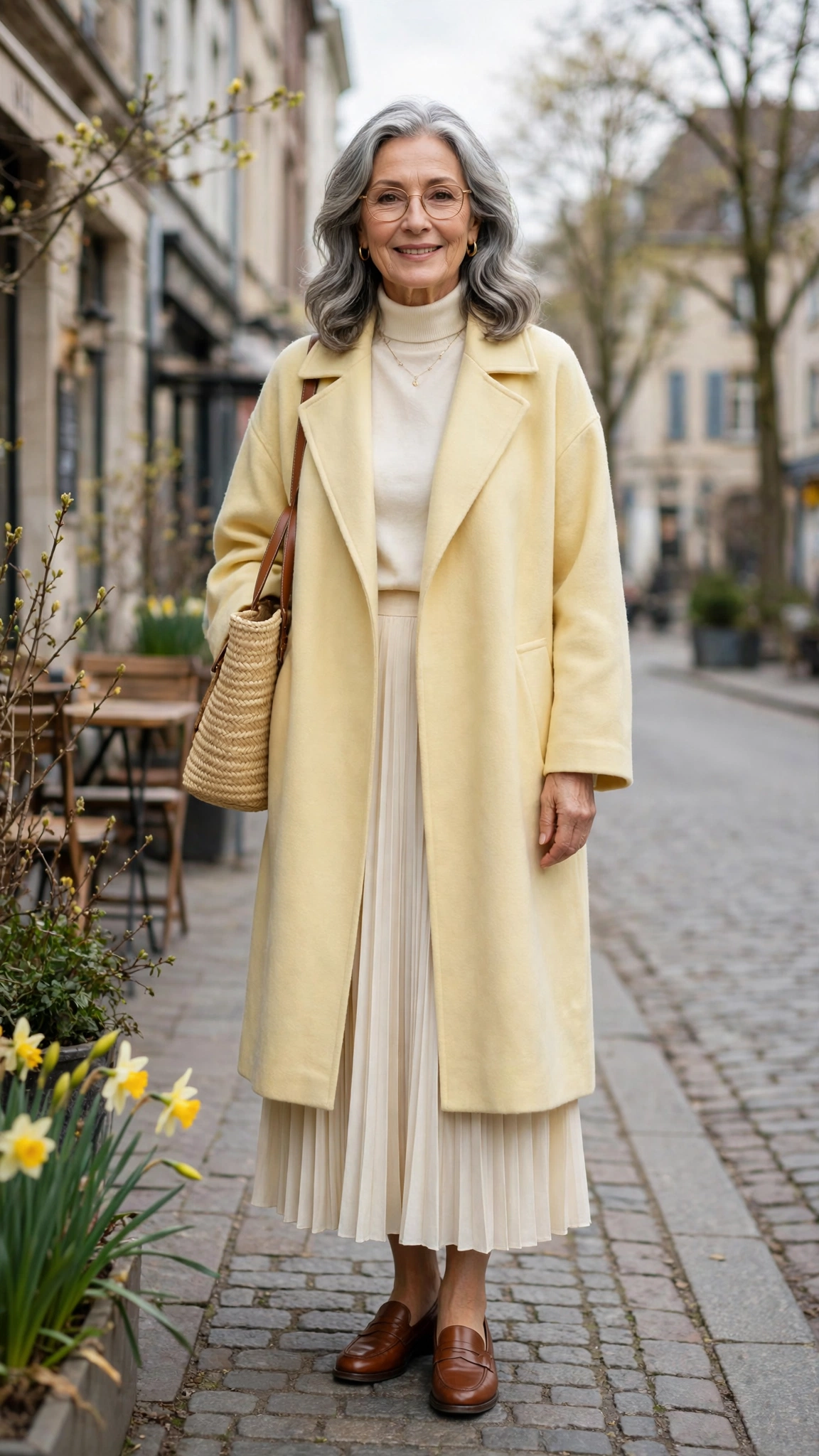 Pale yellow oversized coat with a cream pleated skirt