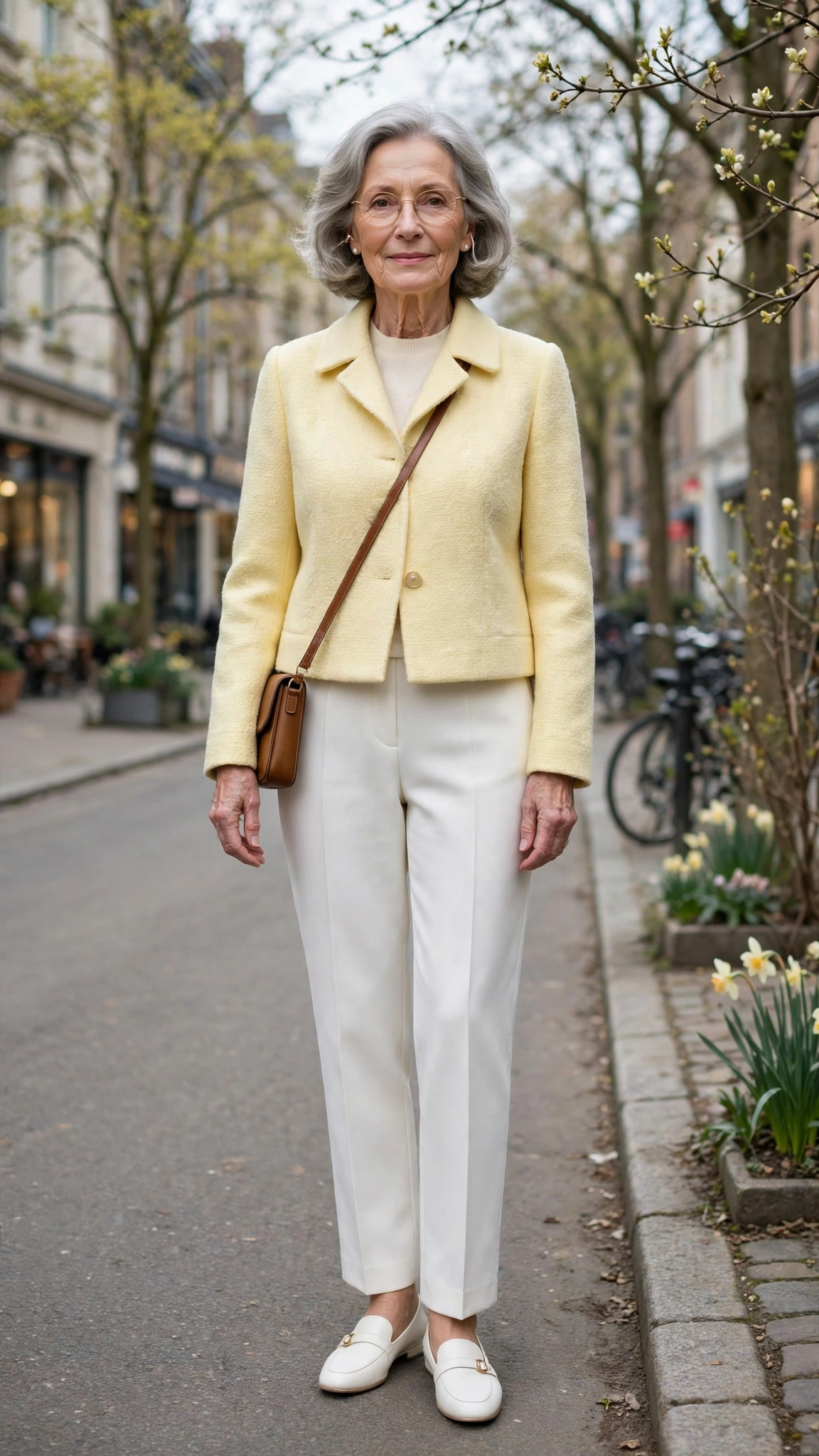 Pale yellow cropped coat with white trousers