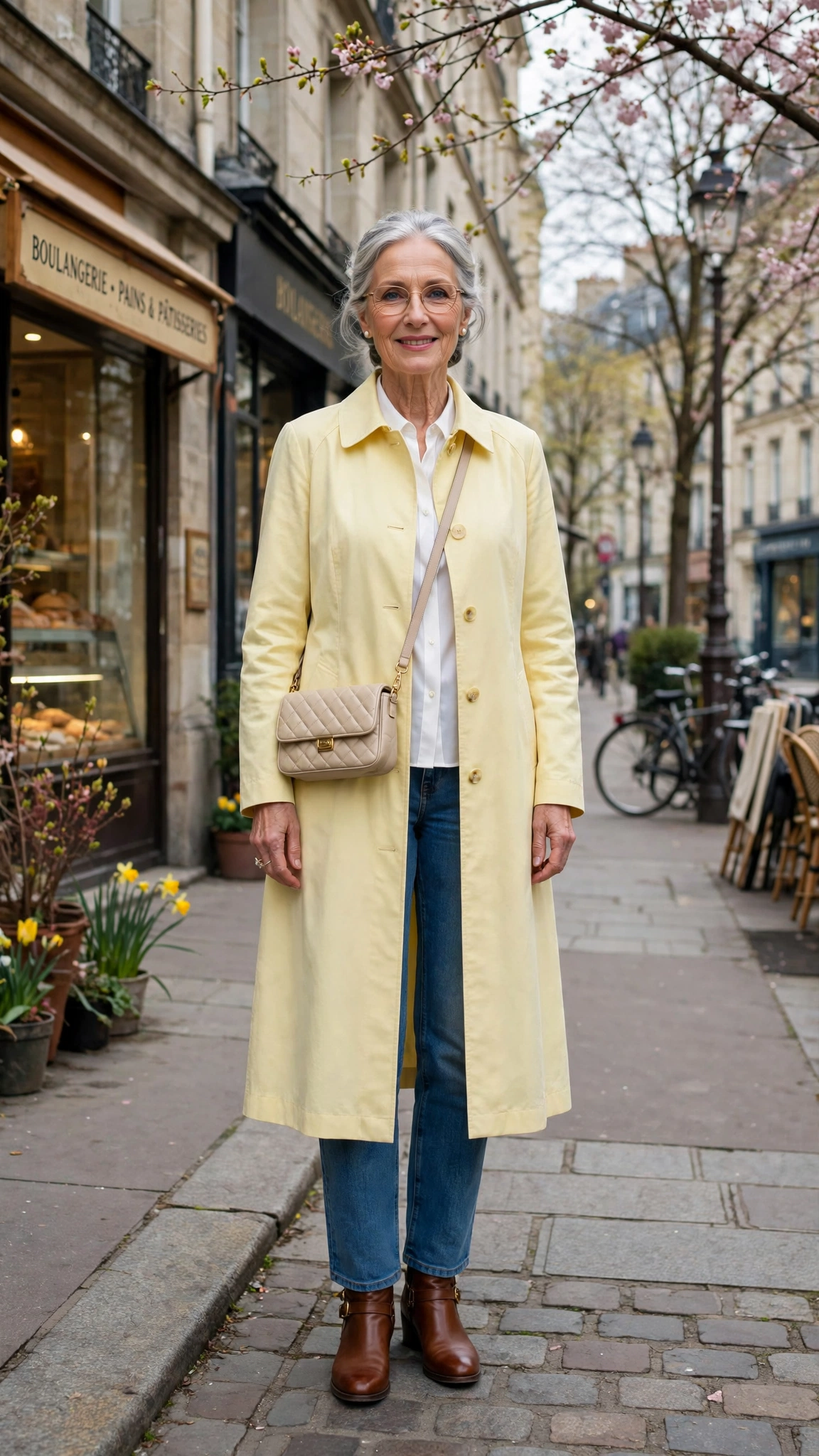 Pale yellow longline coat with a white blouse and jeans