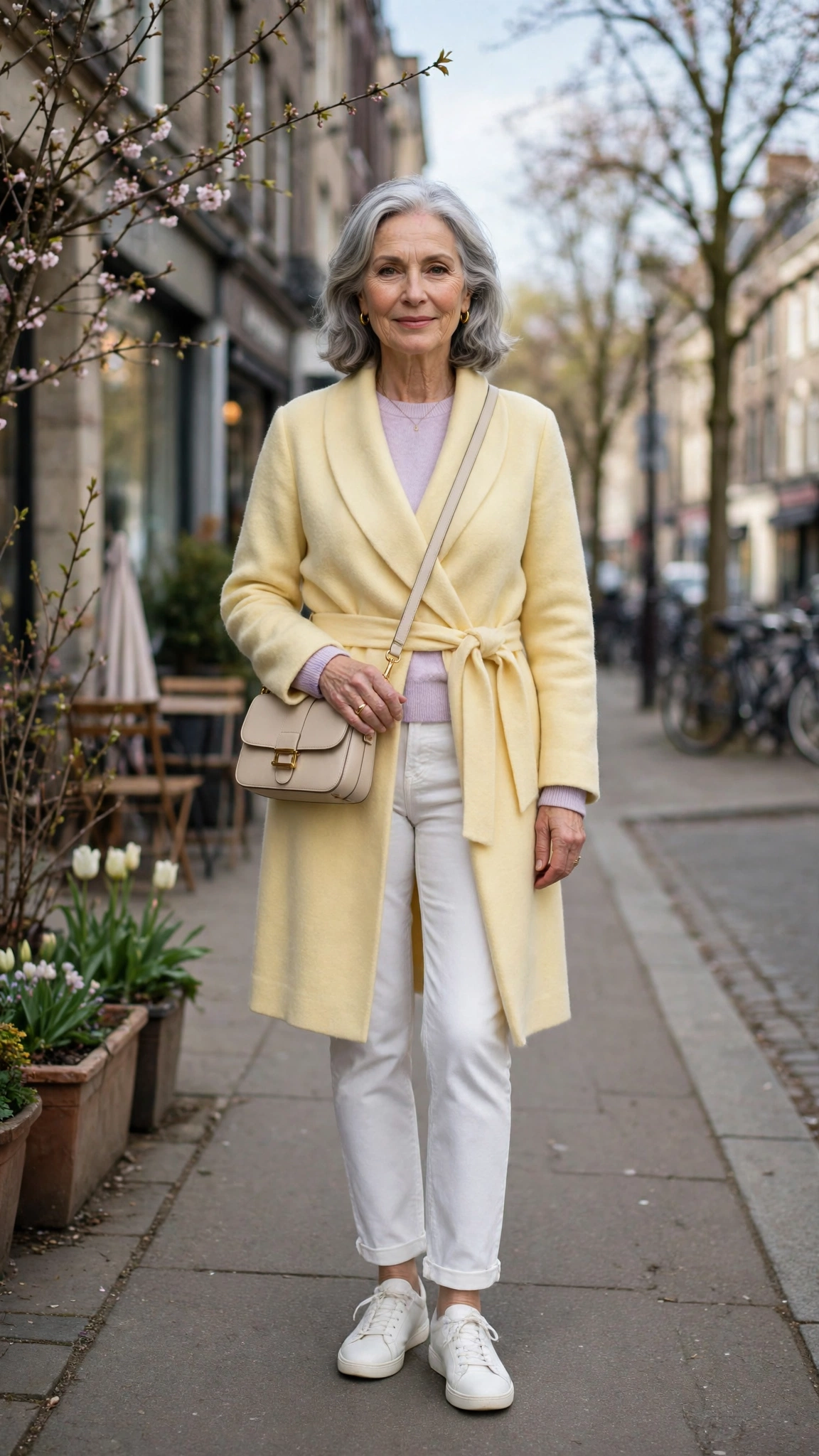 Pale yellow wrap coat with a pastel sweater and white jeans