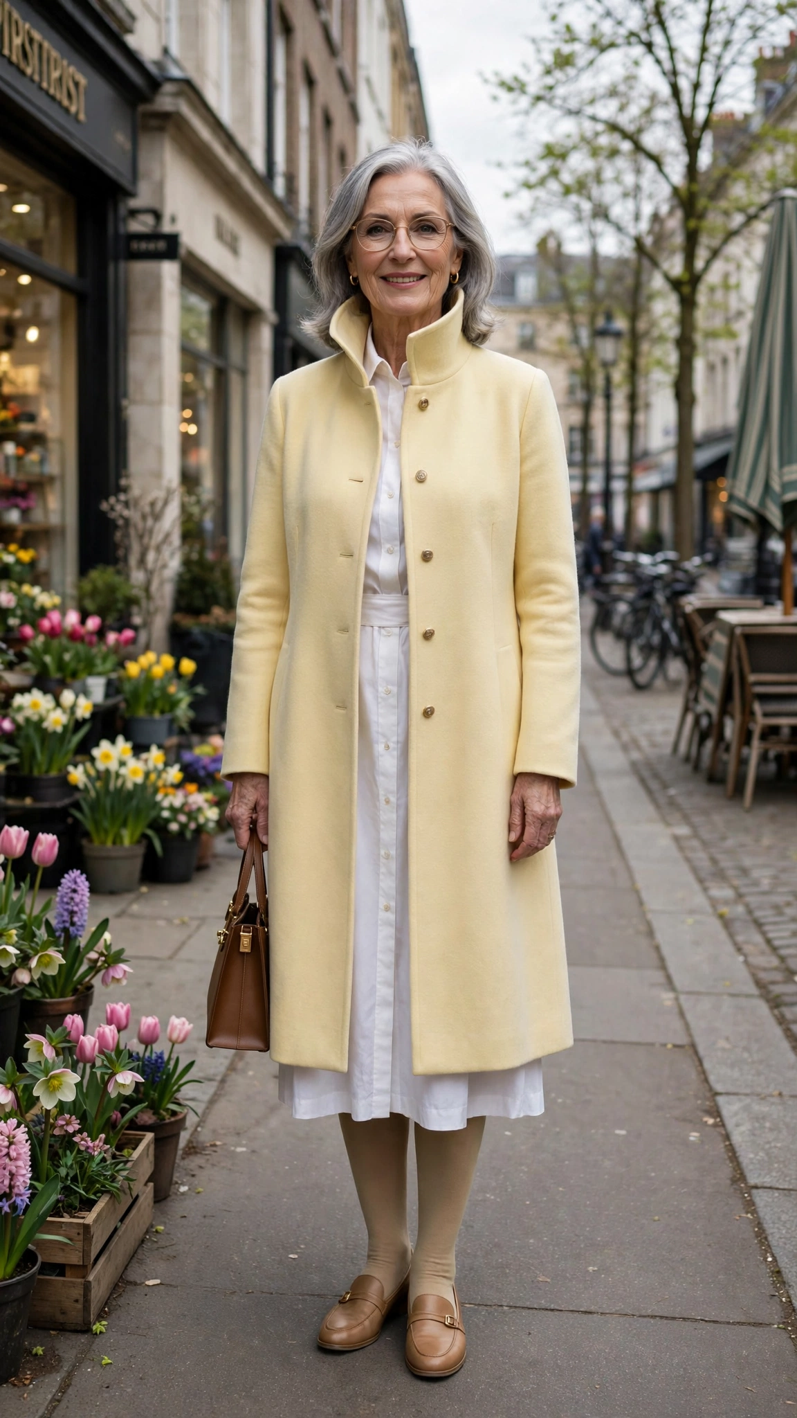 Pale yellow funnel-neck coat with a white shirt dress