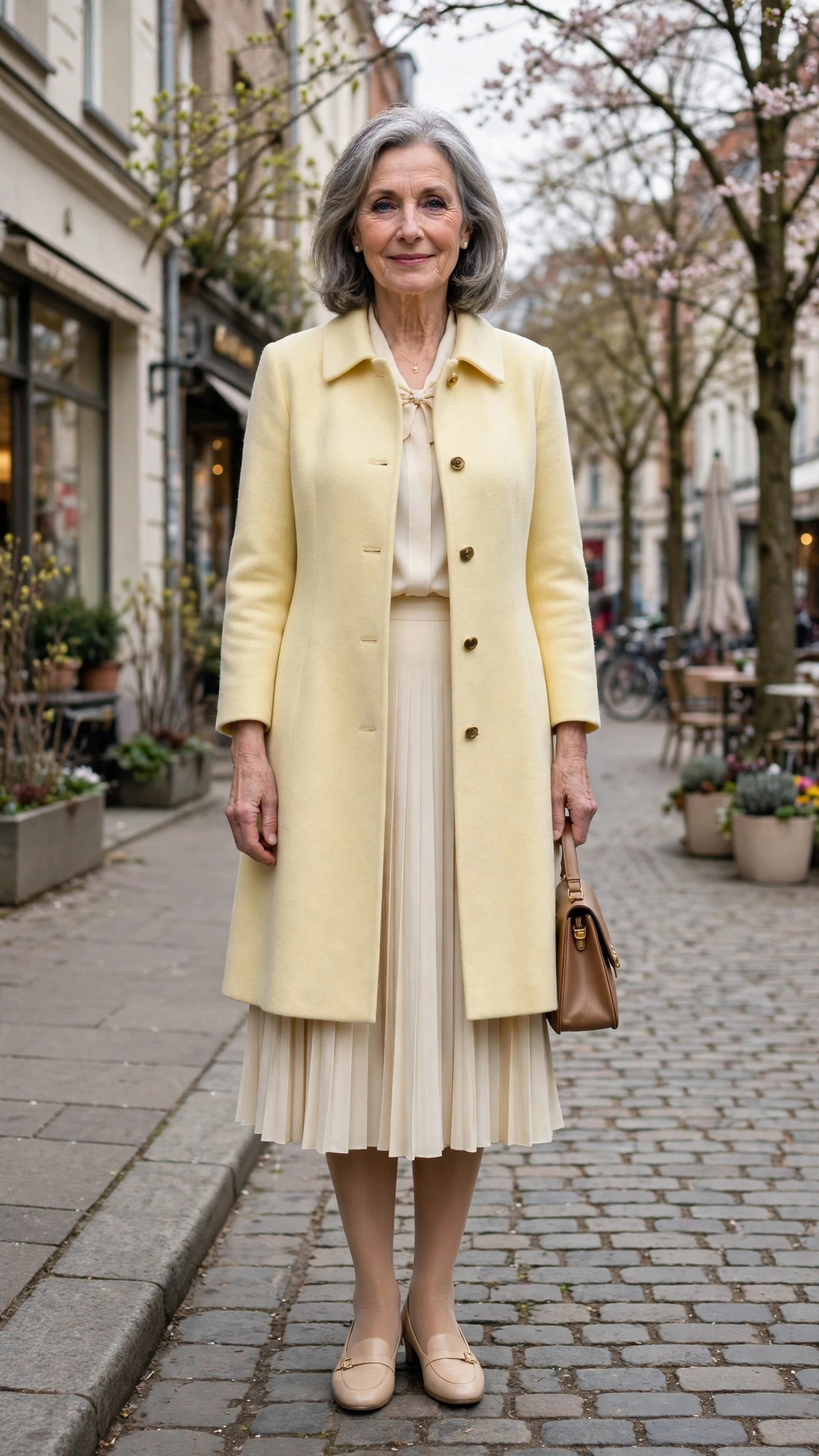 Pale yellow A-line coat with a cream pleated skirt