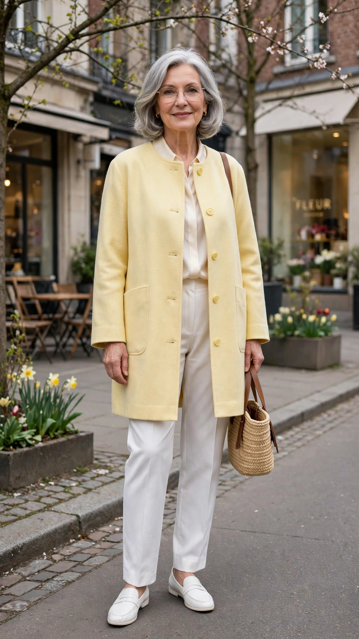 Pale yellow boxy coat with white trousers