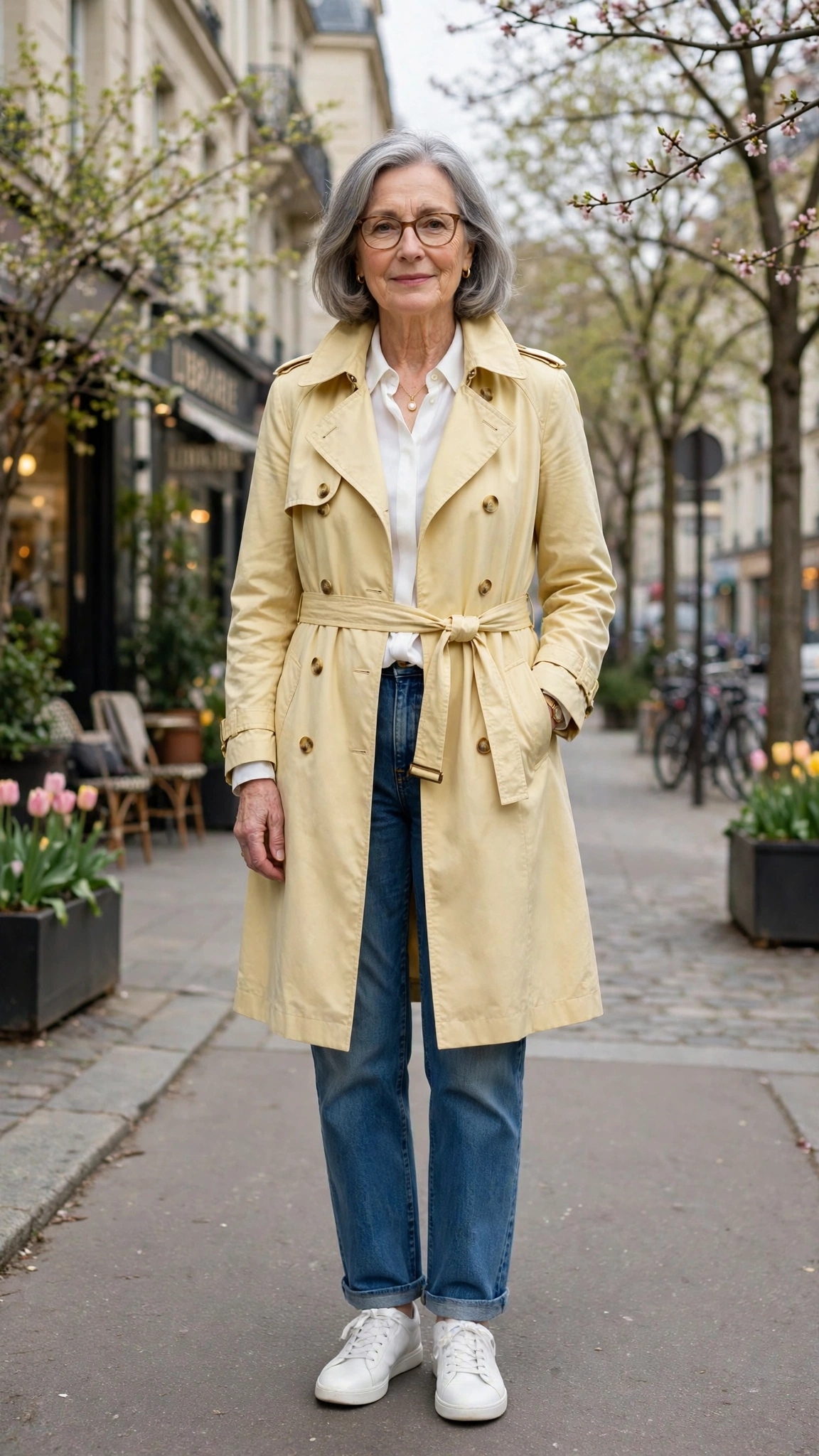 Pale yellow trench-style coat with a white blouse and jeans