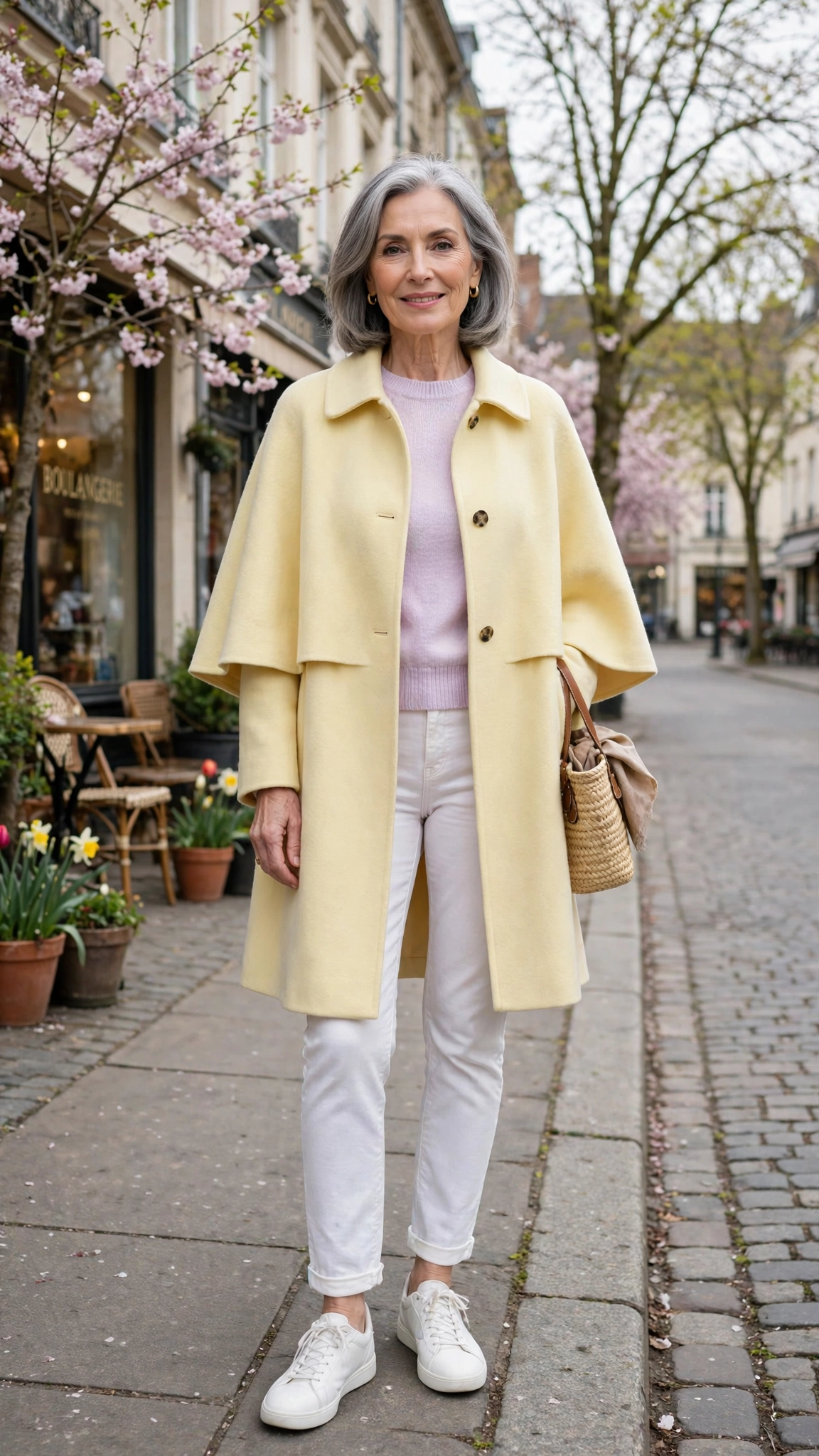 Pale yellow cape coat with a pastel sweater and white jeans