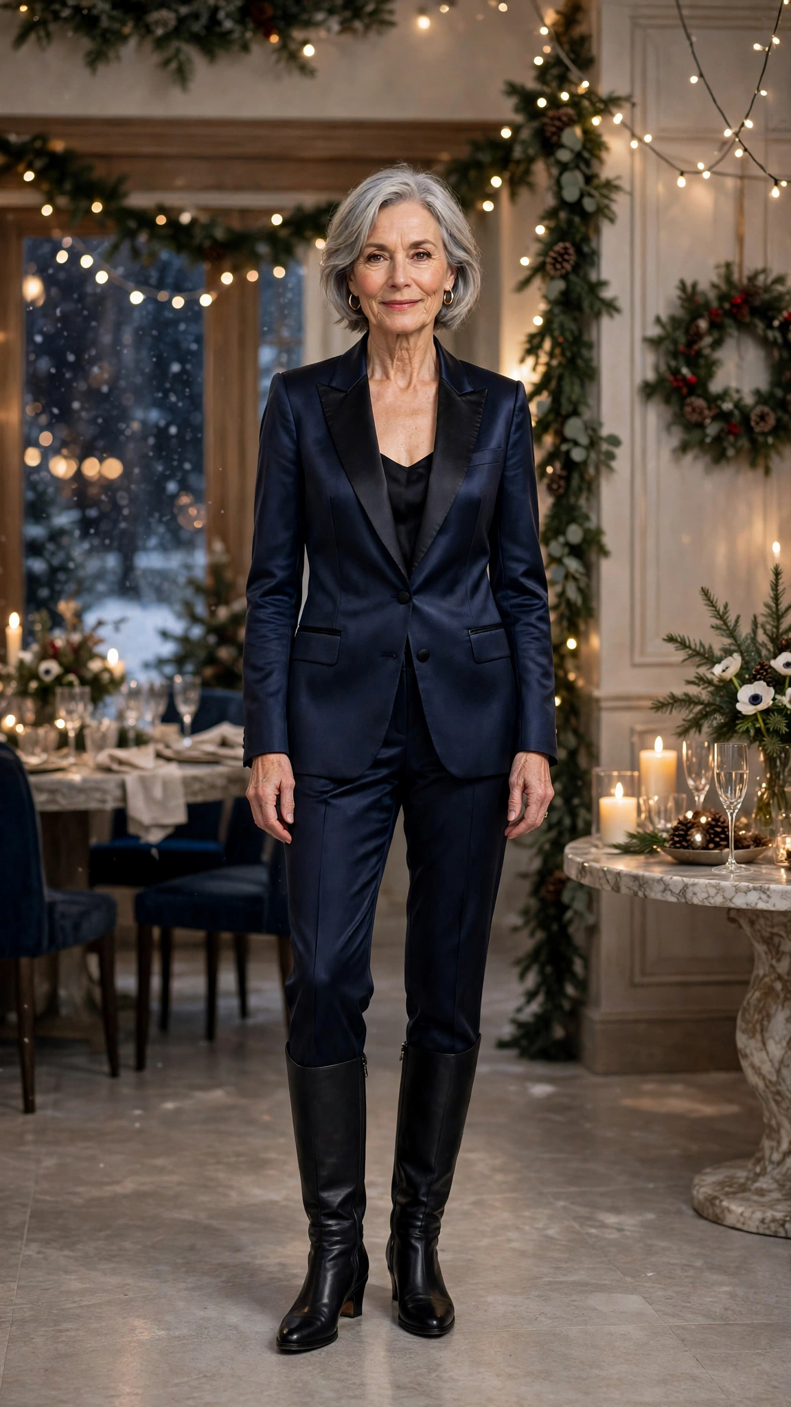 38 Women over 60 satin tuxedo outfits for winter parties That Are Chic, Warm and Elegant 2 Navy satin tuxedo outfit, tailored cigarette trousers and knee-high boots