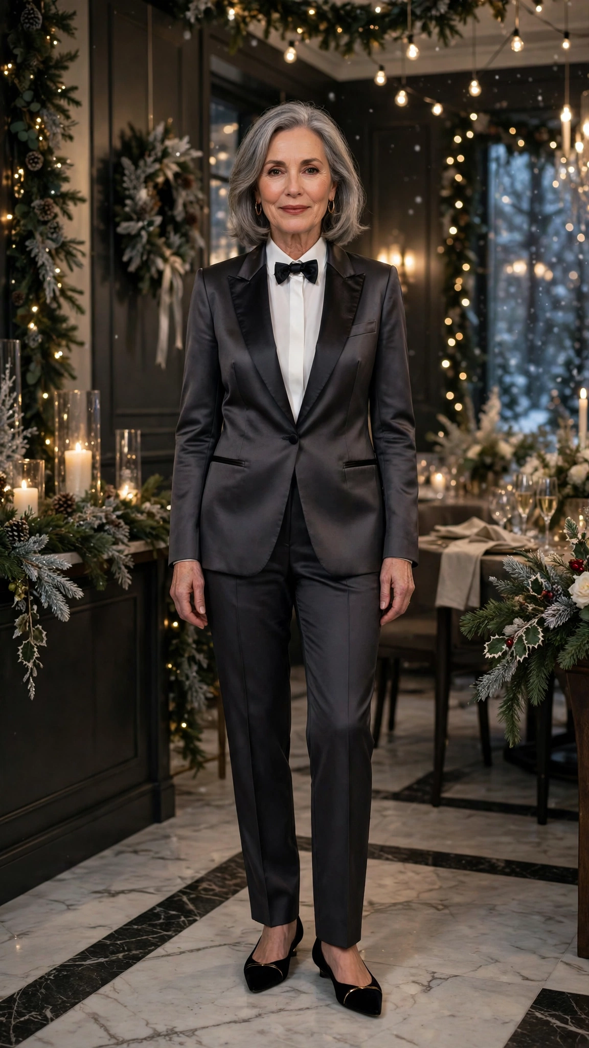 38 Women over 60 satin tuxedo outfits for winter parties That Are Chic, Warm and Elegant 3 Charcoal satin tuxedo outfit, tailored cigarette trousers and elegant pointed flats