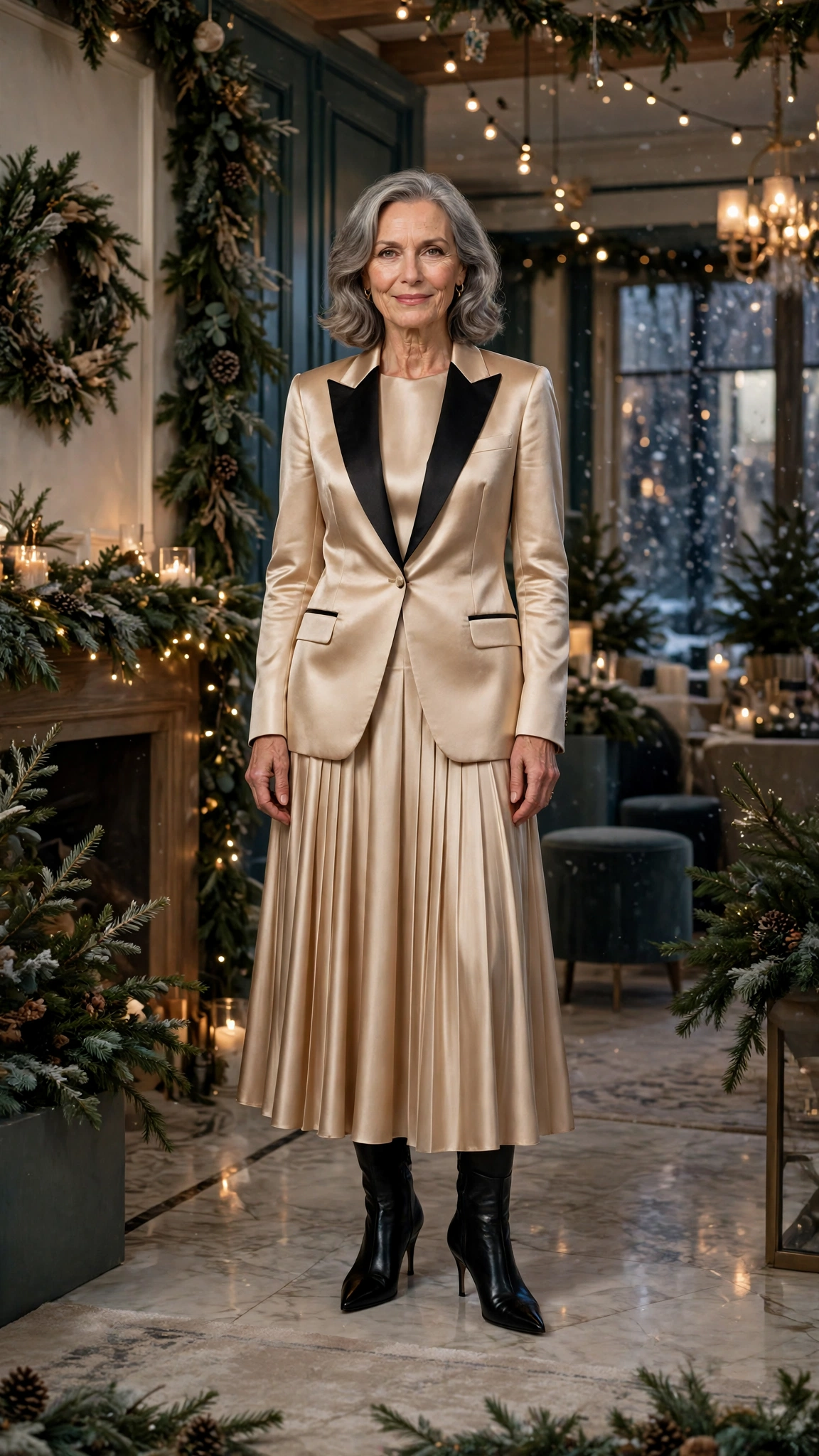 38 Women over 60 satin tuxedo outfits for winter parties That Are Chic, Warm and Elegant 4 Champagne satin tuxedo outfit, satin midi skirt and black pointed boots
