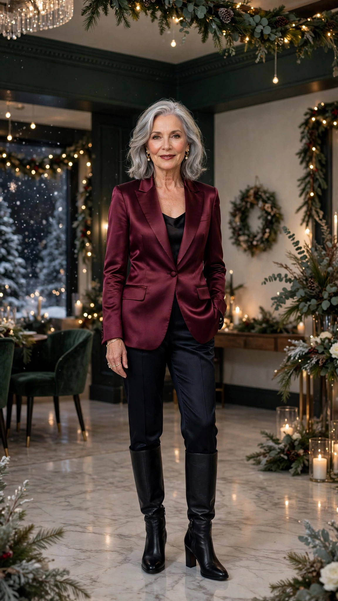 38 Women over 60 satin tuxedo outfits for winter parties That Are Chic, Warm and Elegant 6 Wine satin tuxedo outfit, dark satin trousers and knee-high boots