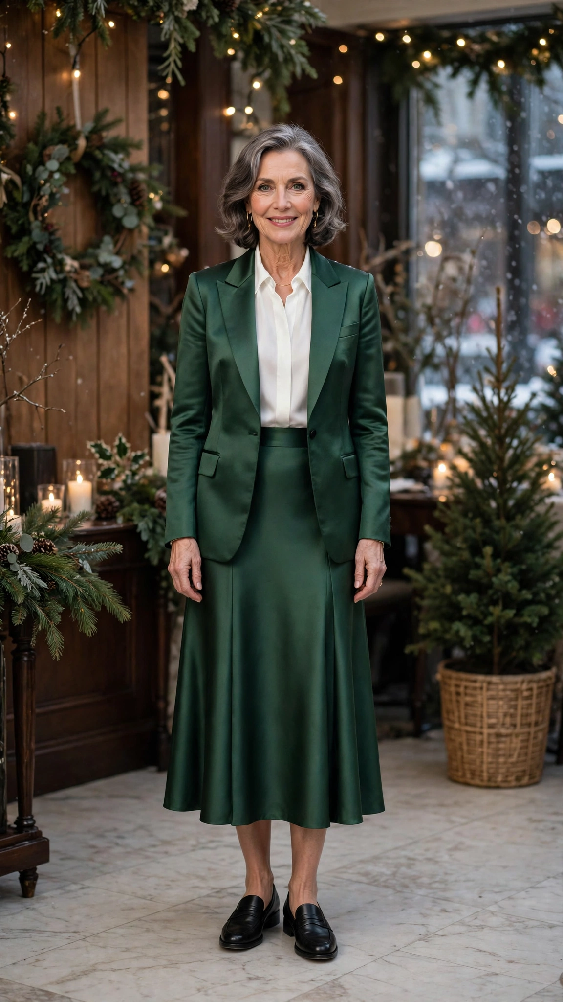 38 Women over 60 satin tuxedo outfits for winter parties That Are Chic, Warm and Elegant 8 Forest green satin tuxedo outfit, satin midi skirt and classic loafers