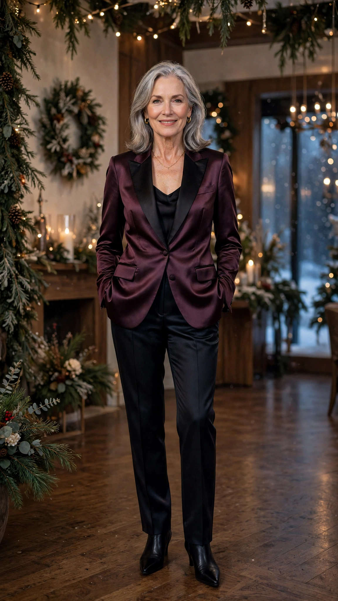 38 Women over 60 satin tuxedo outfits for winter parties That Are Chic, Warm and Elegant 9 Wine satin tuxedo outfit, dark satin trousers and black pointed boots