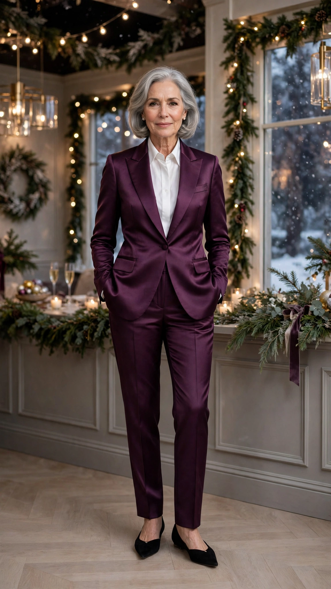 38 Women over 60 satin tuxedo outfits for winter parties That Are Chic, Warm and Elegant 10 Plum satin tuxedo outfit, tailored cigarette trousers and elegant pointed flats