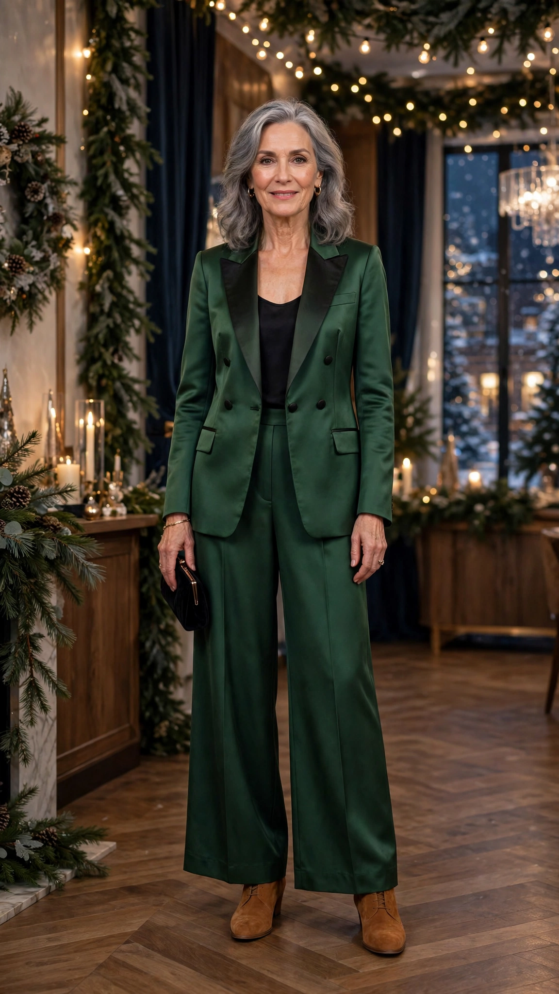 38 Women over 60 satin tuxedo outfits for winter parties That Are Chic, Warm and Elegant 12 Forest green satin tuxedo outfit, palazzo trousers and suede ankle boots