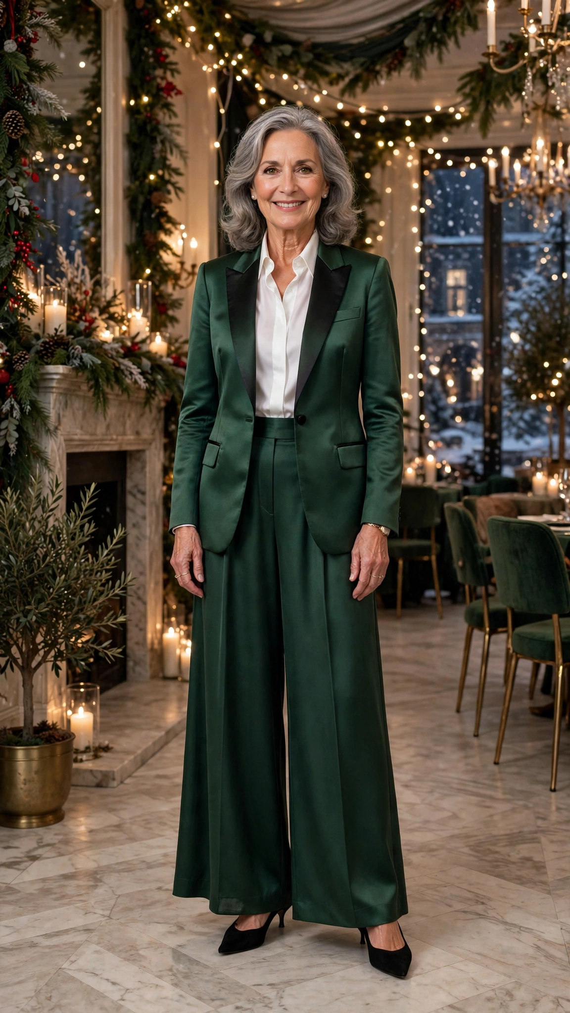38 Women over 60 satin tuxedo outfits for winter parties That Are Chic, Warm and Elegant 15 Forest green satin tuxedo outfit, palazzo trousers and kitten heels