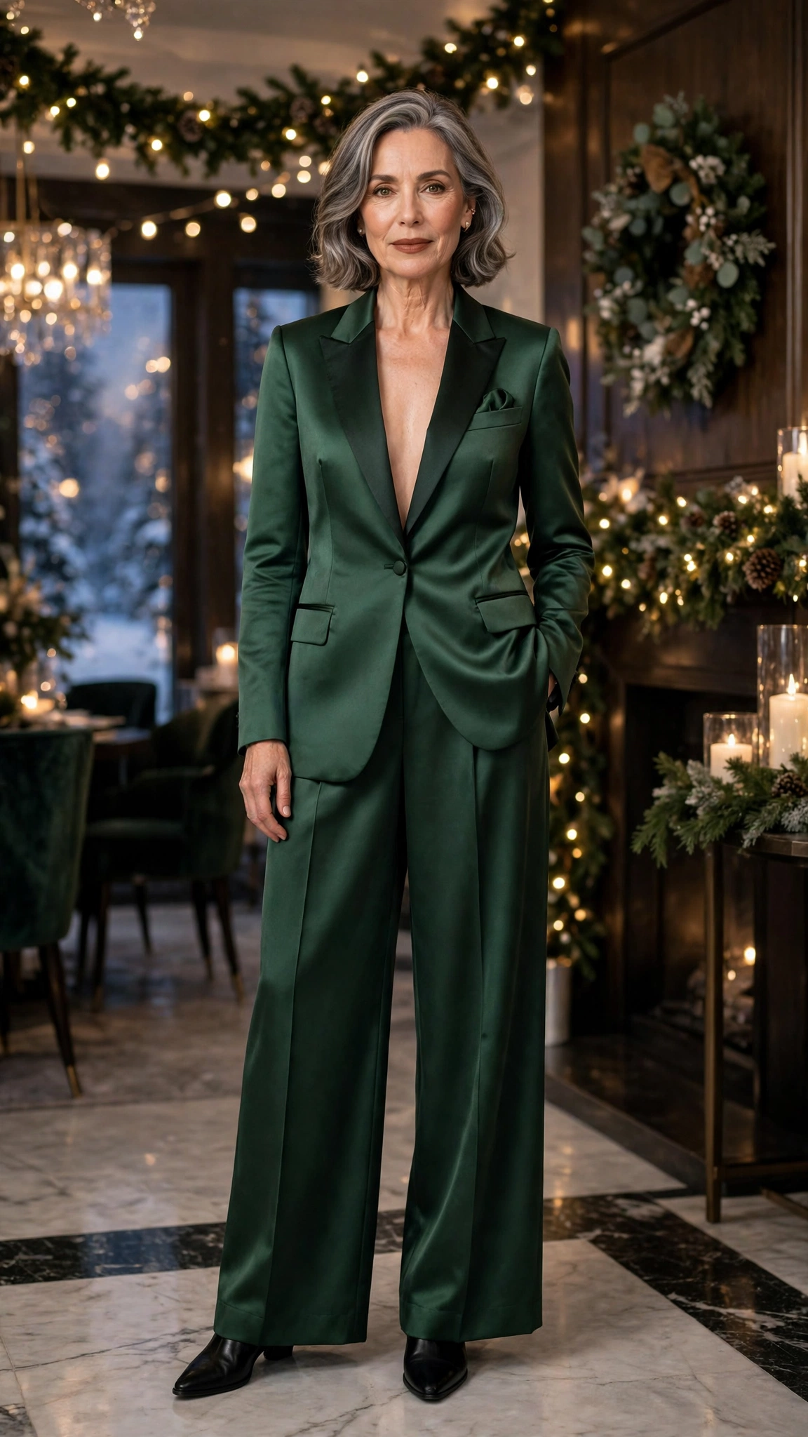 38 Women over 60 satin tuxedo outfits for winter parties That Are Chic, Warm and Elegant 16 Forest green satin tuxedo outfit, wide-leg trousers and black pointed boots