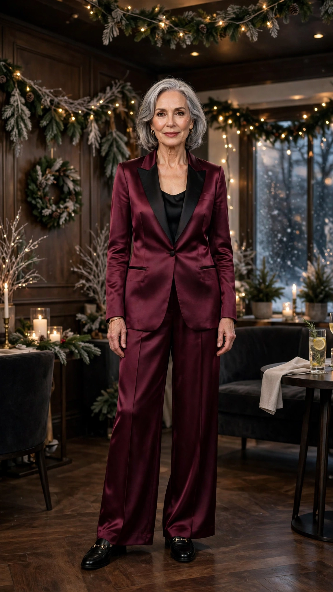 38 Women over 60 satin tuxedo outfits for winter parties That Are Chic, Warm and Elegant 17 Wine satin tuxedo outfit, wide-leg trousers and classic loafers
