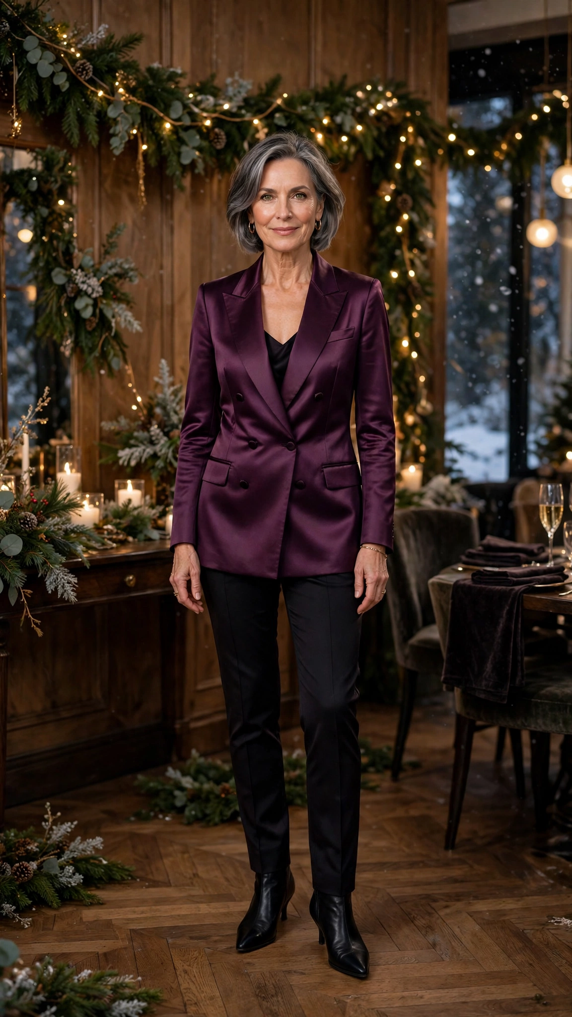 38 Women over 60 satin tuxedo outfits for winter parties That Are Chic, Warm and Elegant 19 Plum satin tuxedo outfit, slim trousers and black pointed boots