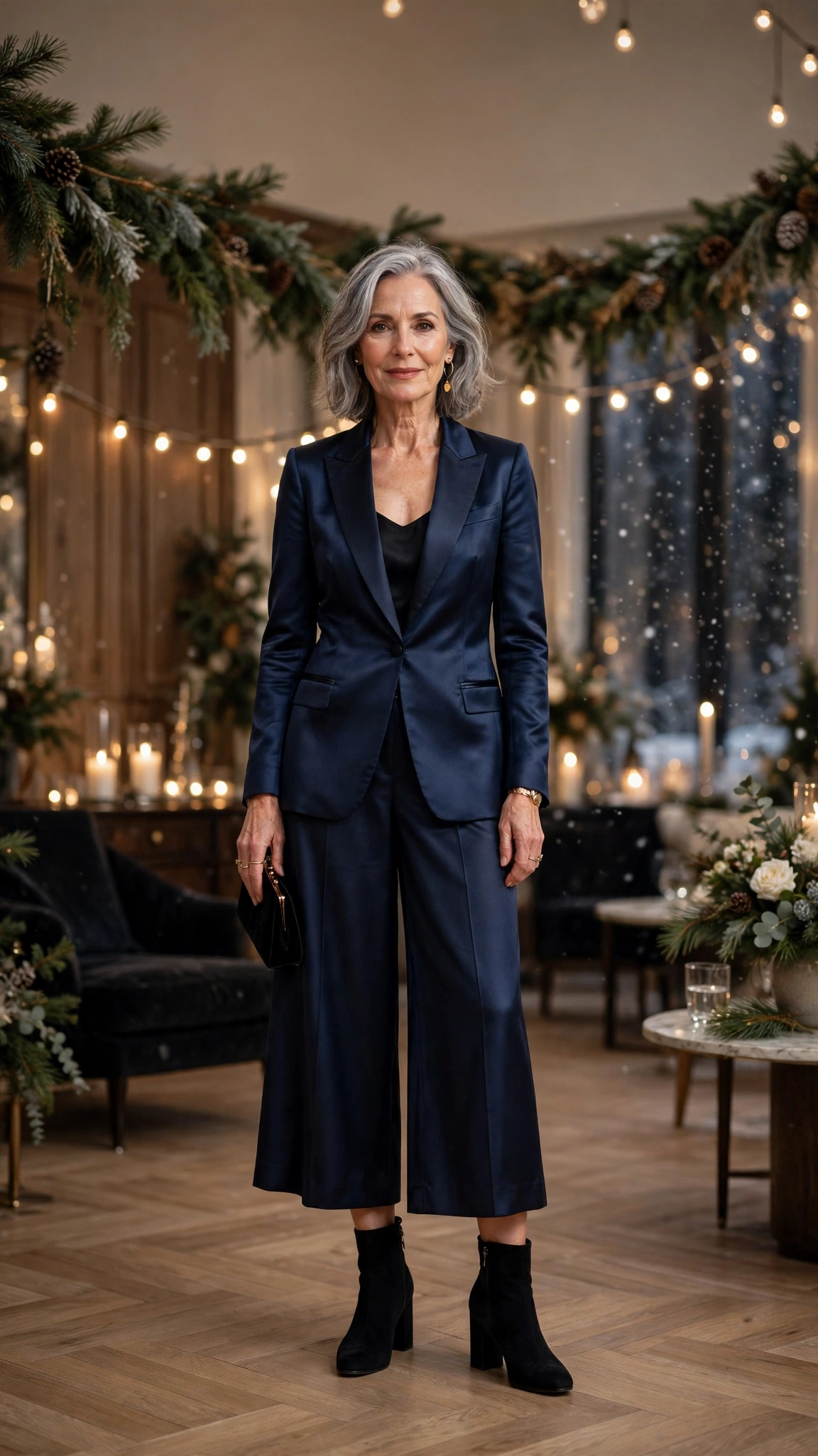 38 Women over 60 satin tuxedo outfits for winter parties That Are Chic, Warm and Elegant 20 Navy satin tuxedo outfit, elegant culottes and block-heel ankle boots