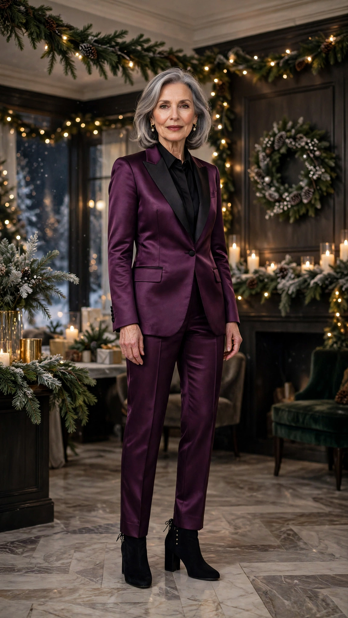 38 Women over 60 satin tuxedo outfits for winter parties That Are Chic, Warm and Elegant 22 Plum satin tuxedo outfit, tailored cigarette trousers and block-heel ankle boots