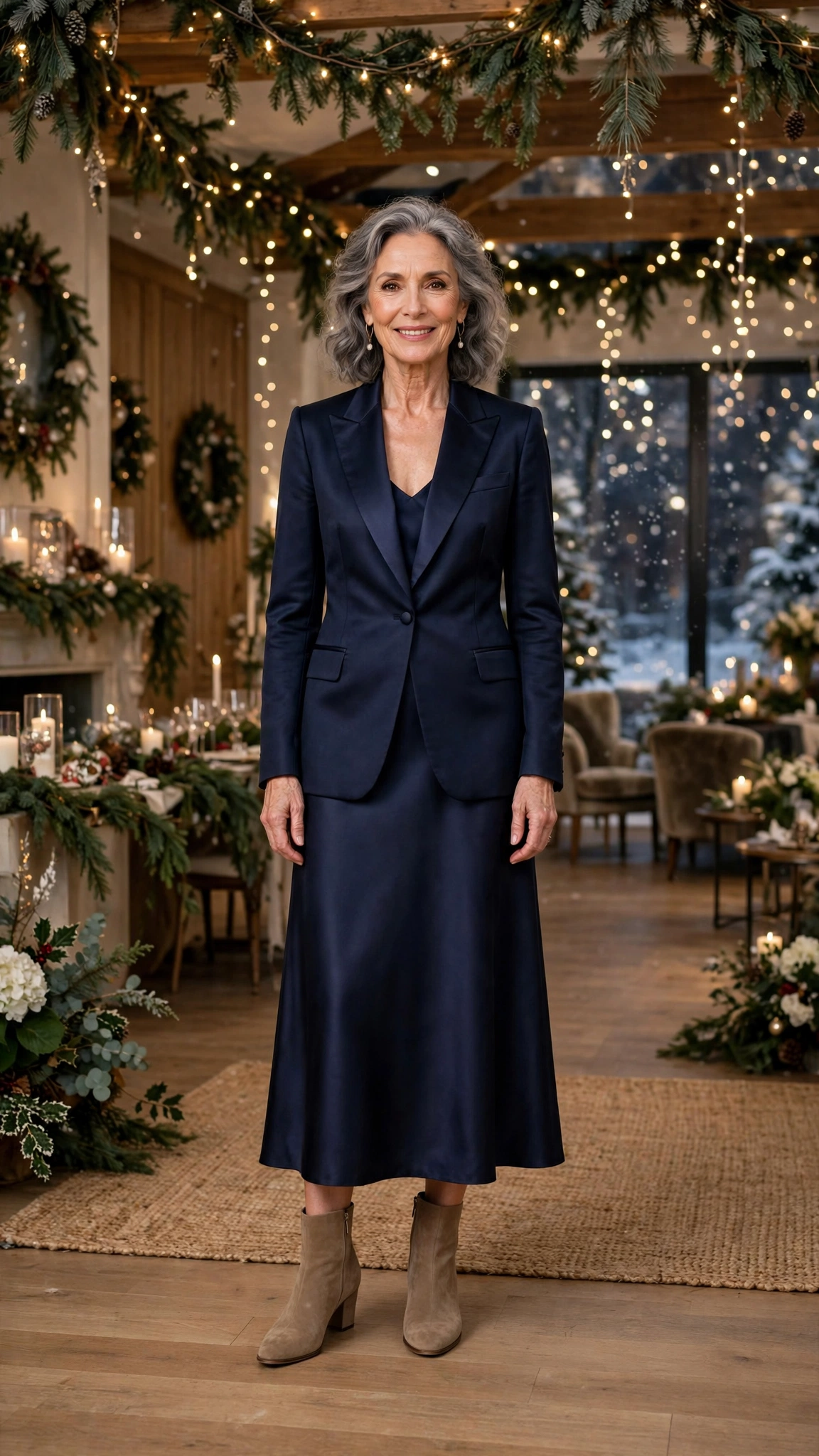 38 Women over 60 satin tuxedo outfits for winter parties That Are Chic, Warm and Elegant 23 Navy satin tuxedo outfit, satin midi skirt and suede ankle boots