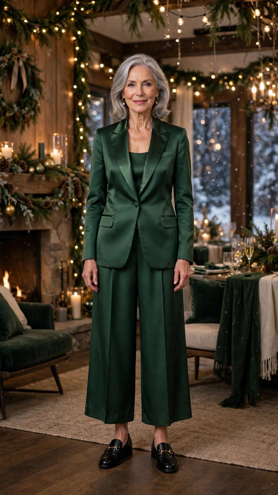 38 Women over 60 satin tuxedo outfits for winter parties That Are Chic, Warm and Elegant 24 Forest green satin tuxedo outfit, elegant culottes and classic loafers