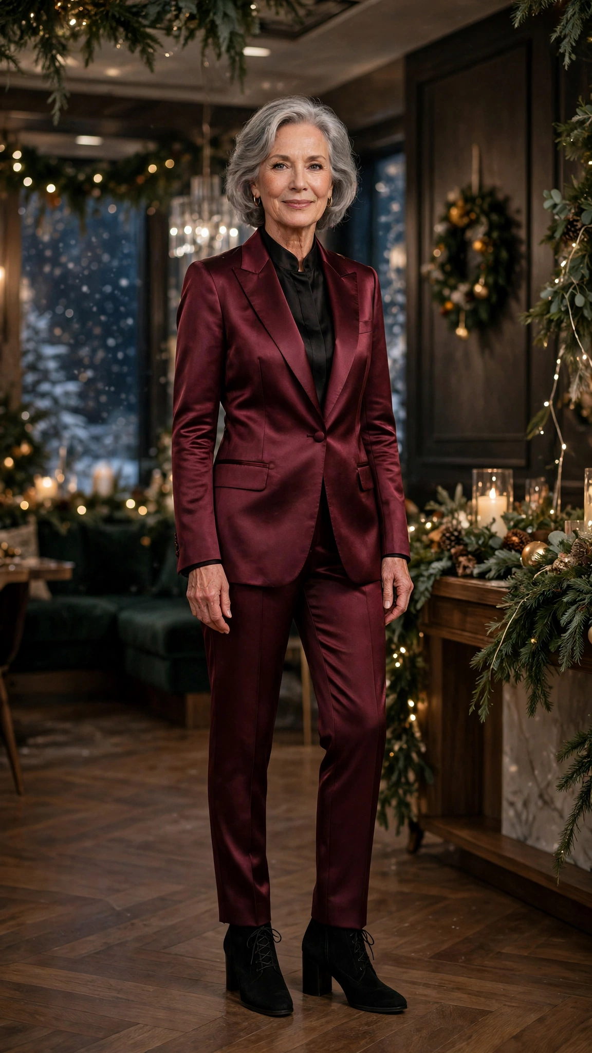 38 Women over 60 satin tuxedo outfits for winter parties That Are Chic, Warm and Elegant 25 Wine satin tuxedo outfit, tailored cigarette trousers and block-heel ankle boots