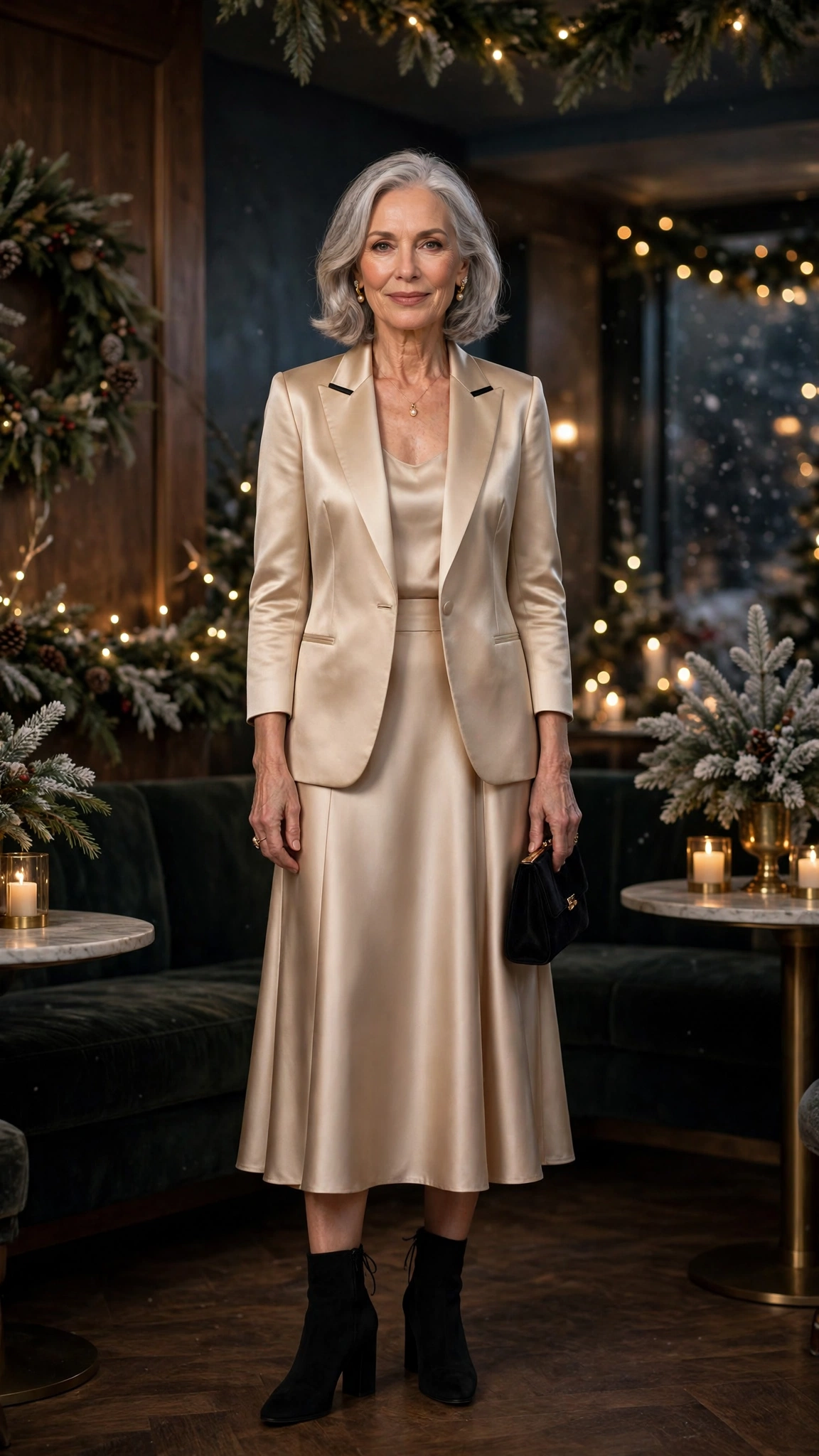 38 Women over 60 satin tuxedo outfits for winter parties That Are Chic, Warm and Elegant 26 Champagne satin tuxedo outfit, satin midi skirt and block-heel ankle boots