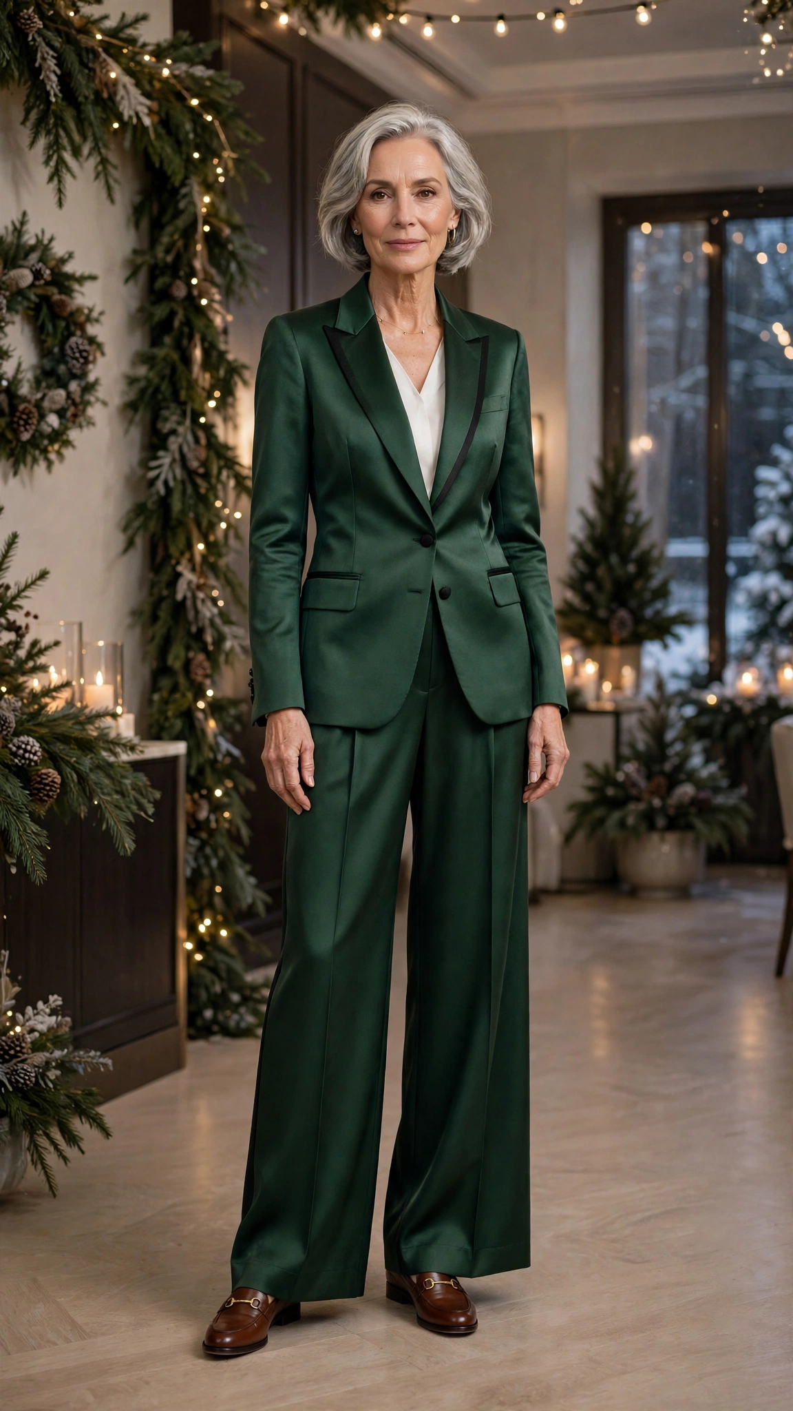 38 Women over 60 satin tuxedo outfits for winter parties That Are Chic, Warm and Elegant 28 Forest green satin tuxedo outfit, wide-leg trousers and classic loafers