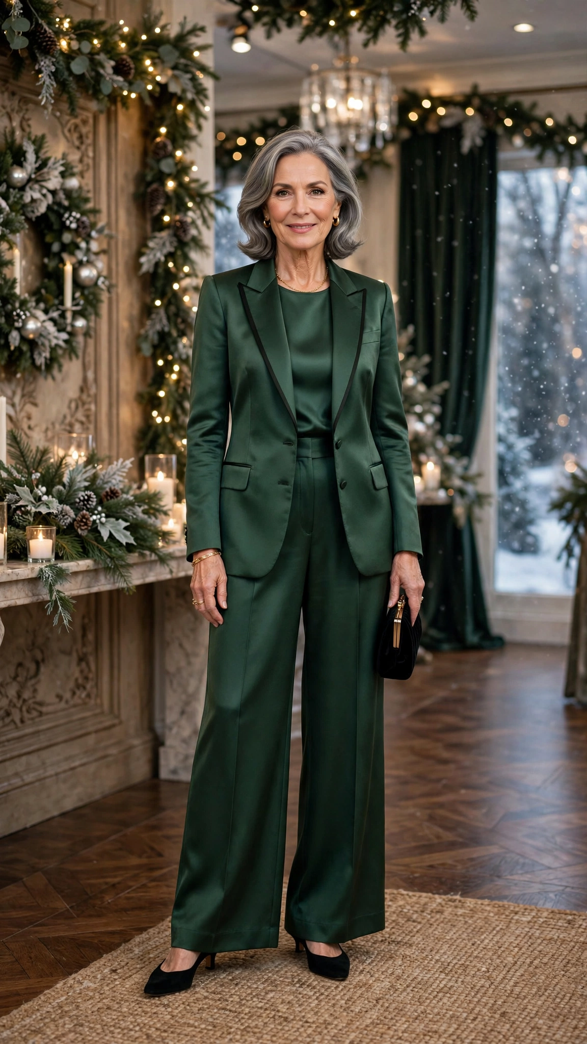 38 Women over 60 satin tuxedo outfits for winter parties That Are Chic, Warm and Elegant 29 Forest green satin tuxedo outfit, palazzo trousers and low-heeled pumps