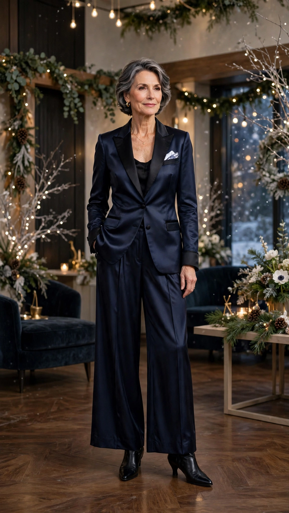 38 Women over 60 satin tuxedo outfits for winter parties That Are Chic, Warm and Elegant 30 Navy satin tuxedo outfit, palazzo trousers and black pointed boots