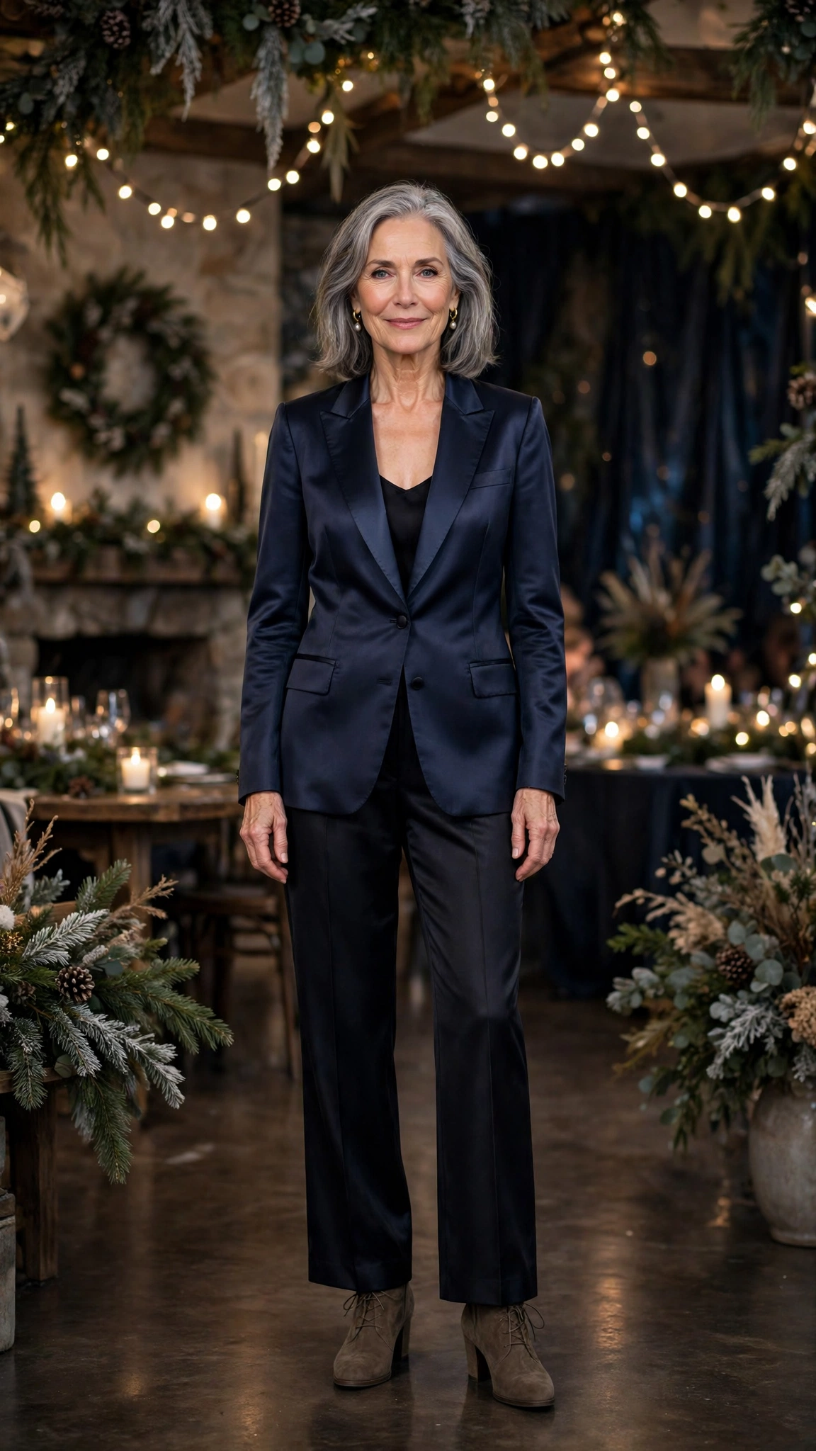 38 Women over 60 satin tuxedo outfits for winter parties That Are Chic, Warm and Elegant 31 Navy satin tuxedo outfit, dark satin trousers and suede ankle boots