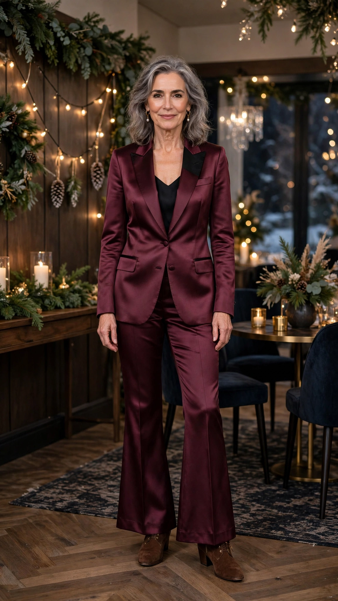 38 Women over 60 satin tuxedo outfits for winter parties That Are Chic, Warm and Elegant 32 Wine satin tuxedo outfit, flared trousers and suede ankle boots