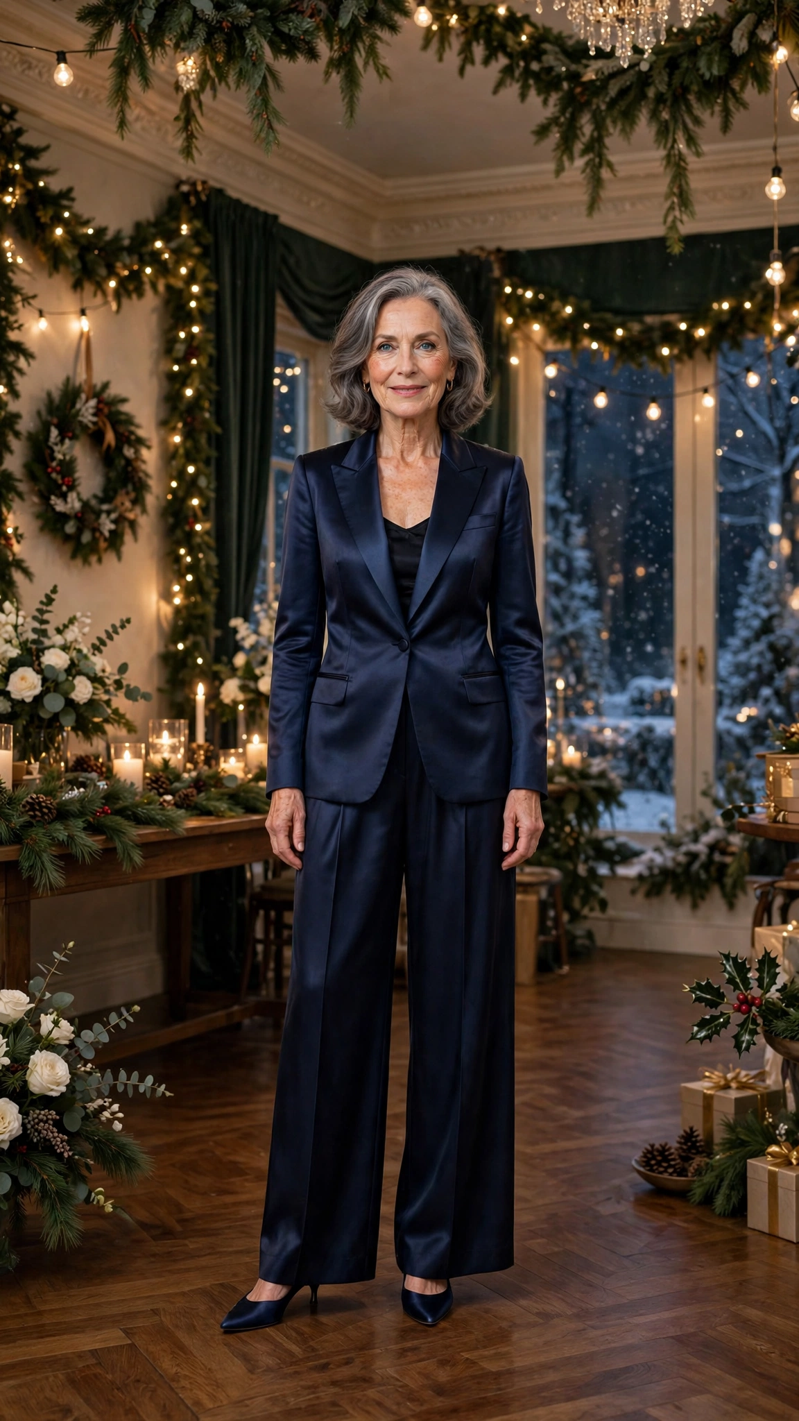 38 Women over 60 satin tuxedo outfits for winter parties That Are Chic, Warm and Elegant 35 Navy satin tuxedo outfit, wide-leg trousers and kitten heels