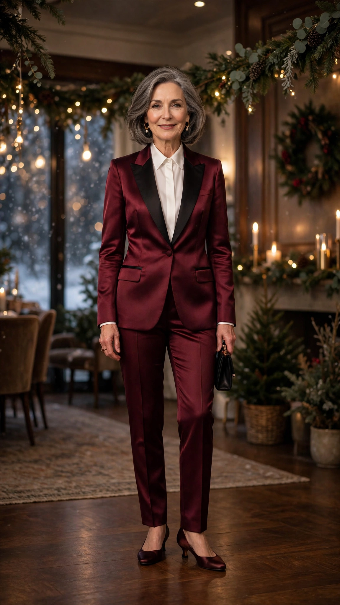 38 Women over 60 satin tuxedo outfits for winter parties That Are Chic, Warm and Elegant 37 Burgundy satin tuxedo outfit, slim trousers and low-heeled pumps