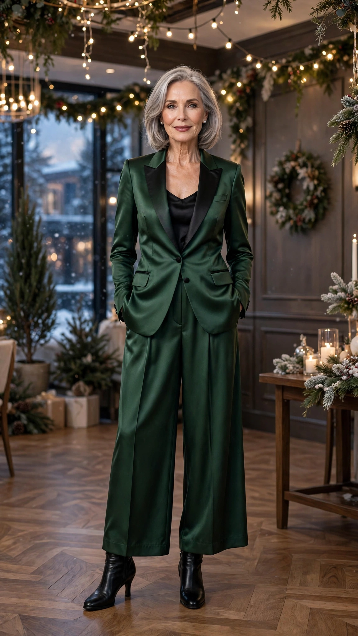 38 Women over 60 satin tuxedo outfits for winter parties That Are Chic, Warm and Elegant 38 Forest green satin tuxedo outfit, palazzo trousers and knee-high boots
