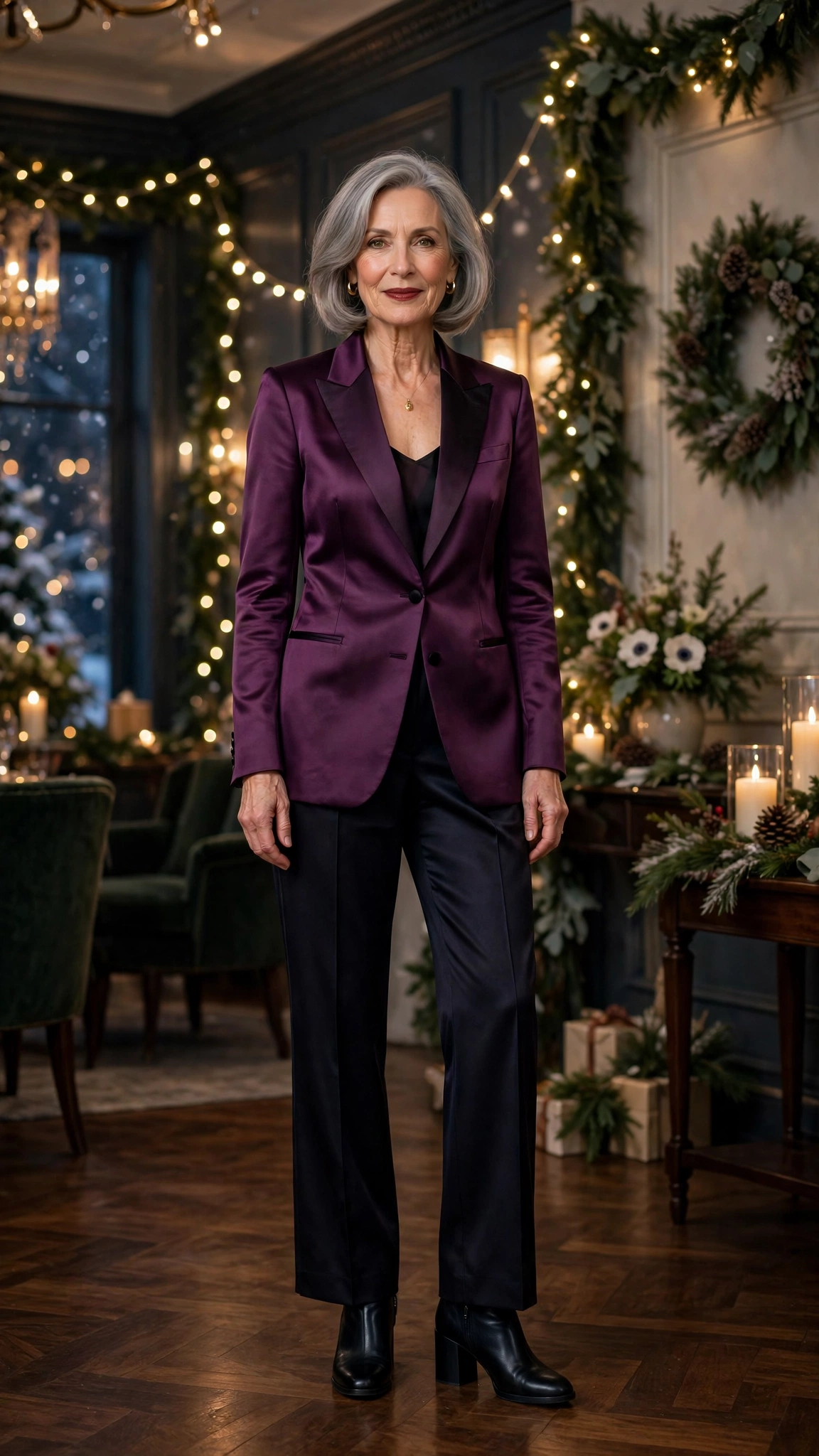 38 Women over 60 satin tuxedo outfits for winter parties That Are Chic, Warm and Elegant 39 Plum satin tuxedo outfit, dark satin trousers and block-heel ankle boots