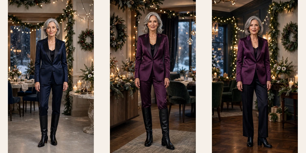 38 Women over 60 satin tuxedo outfits for winter parties That Are Chic, Warm and Elegant