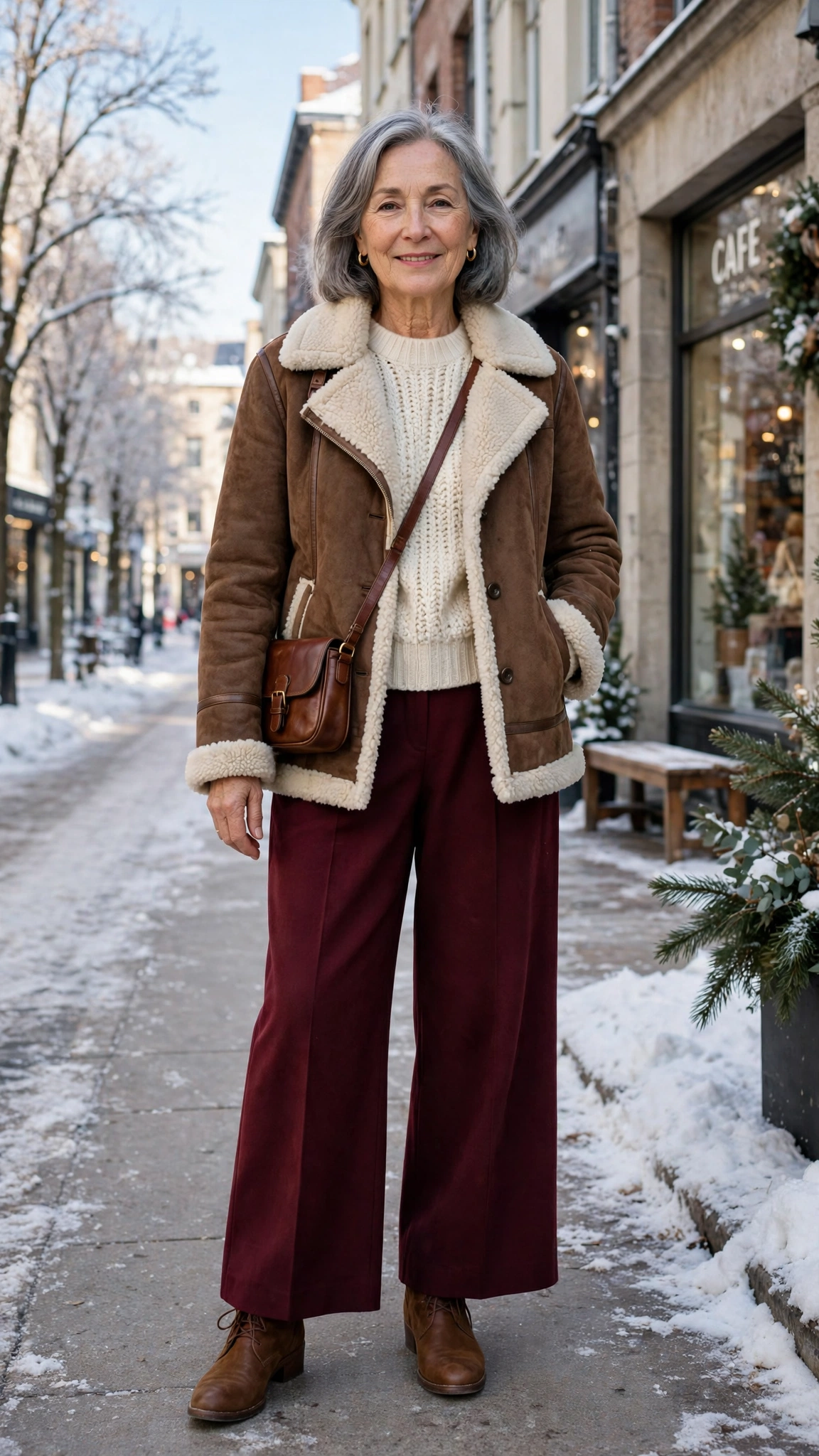 38 Women over 60 shearling jacket outfits with wide leg trousers for winter That Are Chic, Warm and Elegant - idea 1