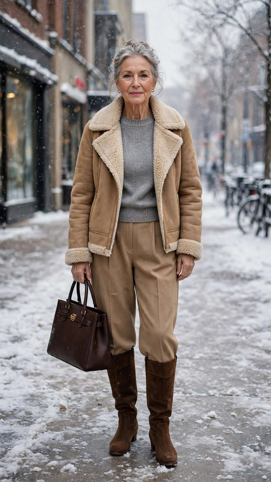 38 Women over 60 shearling jacket outfits with wide leg trousers for winter That Are Chic, Warm and Elegant - idea 4